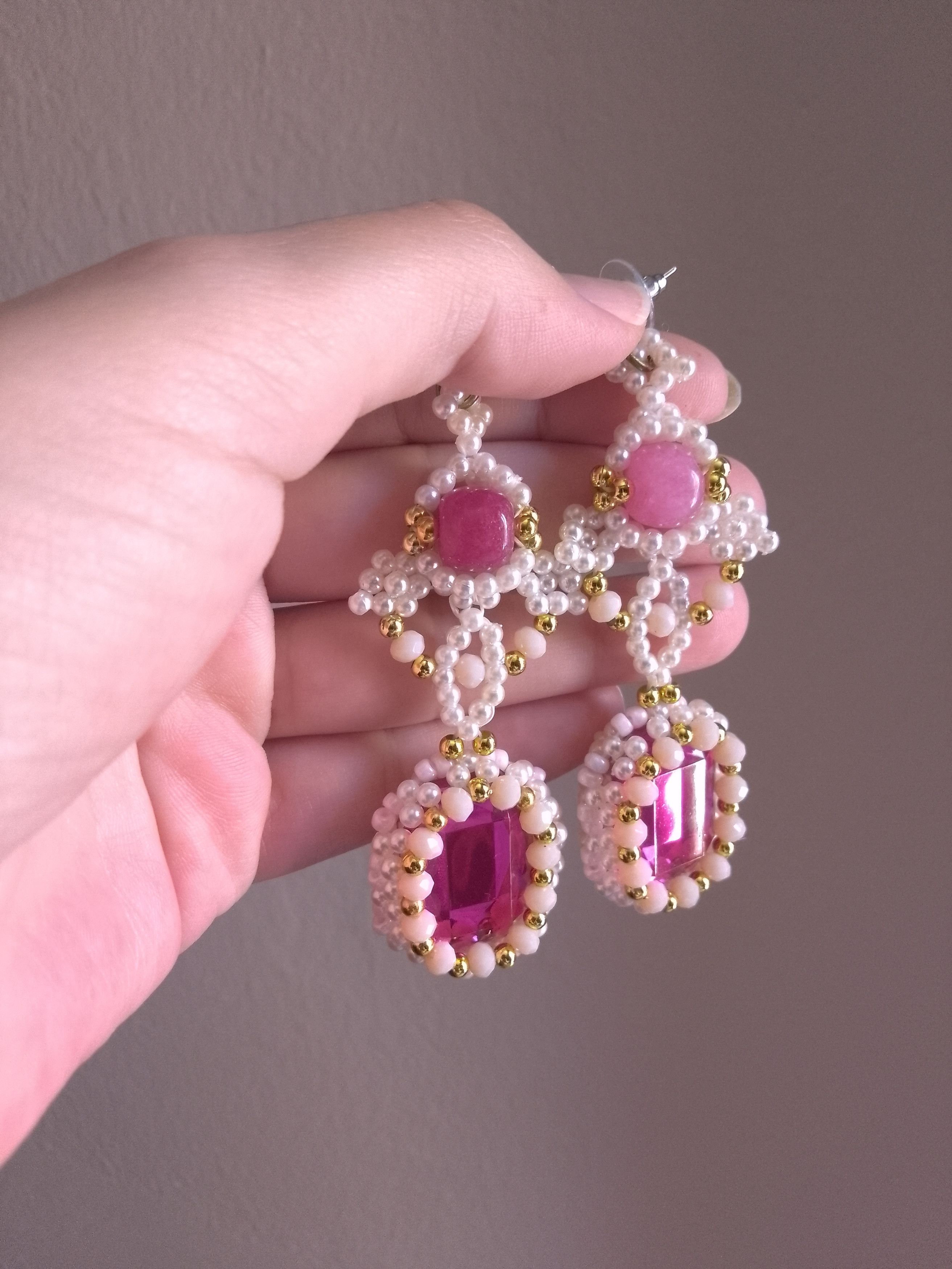 Handmade Vintage style earrings zirconia natural pink jade gemstones Size ONE SIZE - 5 Thumbnail