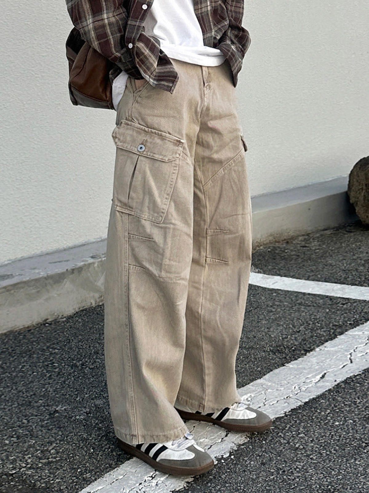 Beige Wide Leg Cargo Pants Loose Fit Men's Trousers