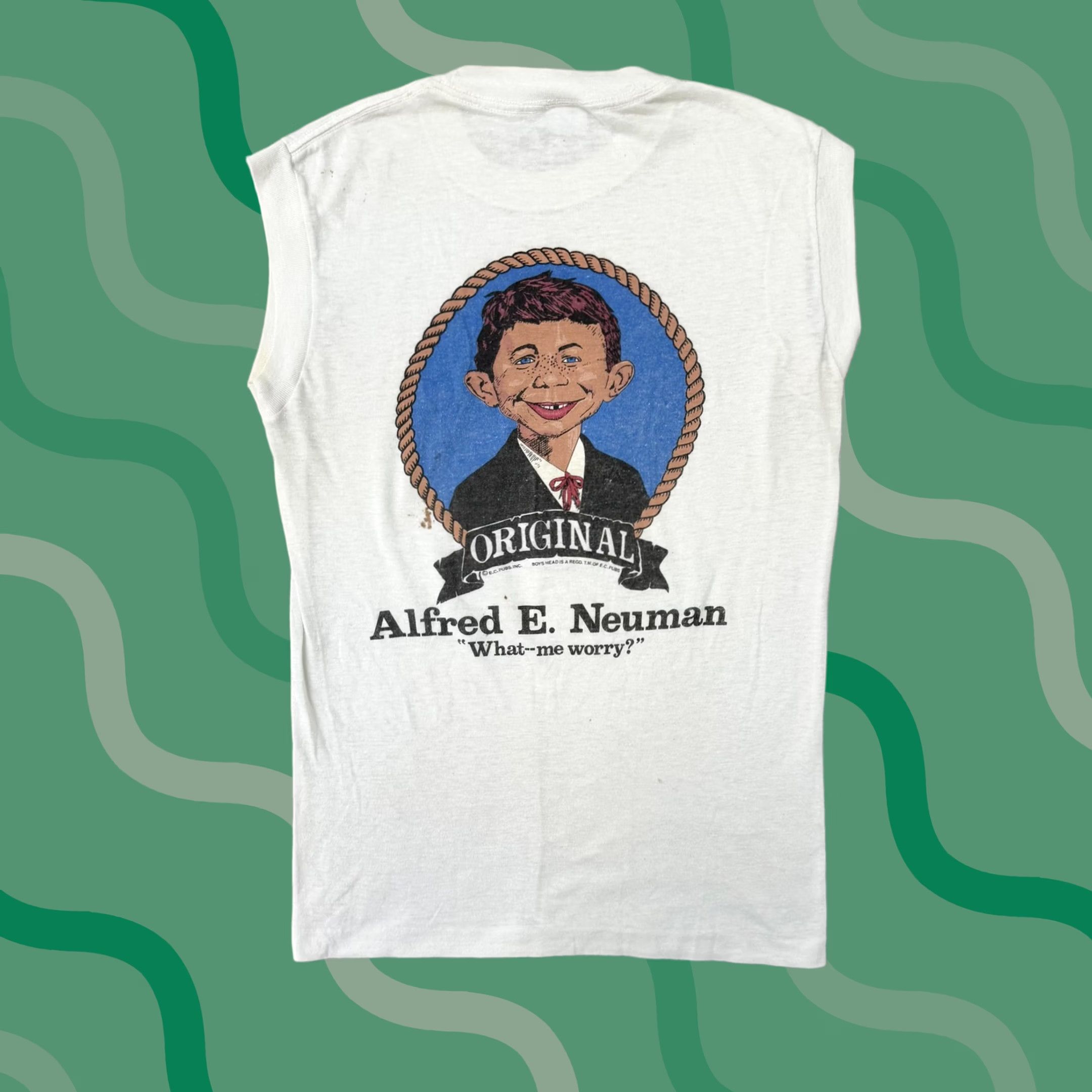 Vintage VINTAGE Alfred E Neuman Tank Top Shirt Mens M White MAD Magazine Graphic Print Sleeveless Crew Neck Jersey Cotton Polyester Summer USA Size US M / EU 48-50 / 2 - 1 Thumbnail
