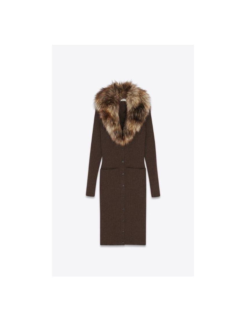 Saint Laurent Paris o1s1wg111024 Long Cardigan Dress in Dark Brown Size L / US 10 / IT 46 - 1 Thumbnail