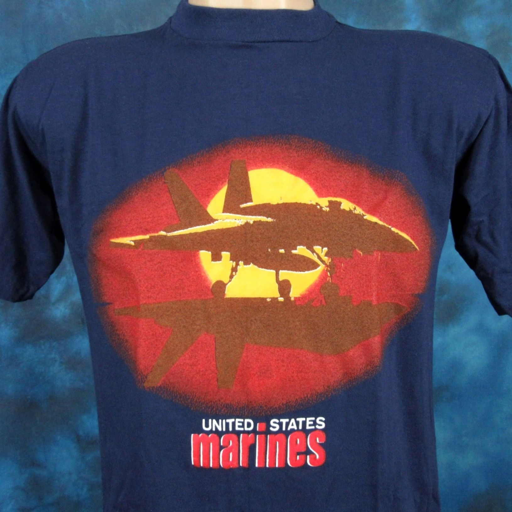 Vintage NOS vtg 80s USMC US MARINE CORPS SUNSET T-Shirt SMALL fighter jet single stitch Artex blue 50% Cotton/50% Polyester Mens 80s 90s Vintage Shirt Size US S / EU 44-46 / 1 - 3 Thumbnail