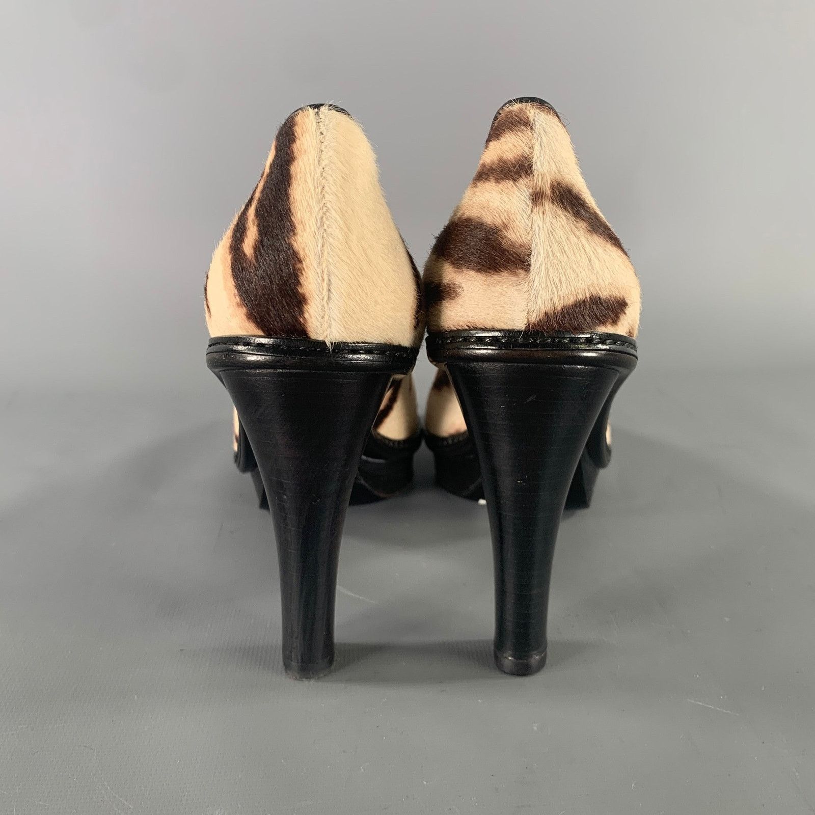 Celine CELINE Cream Brown Animal Print Calf hair Pointed Toe Pumps Size US 7 / IT 37 - 3 Thumbnail