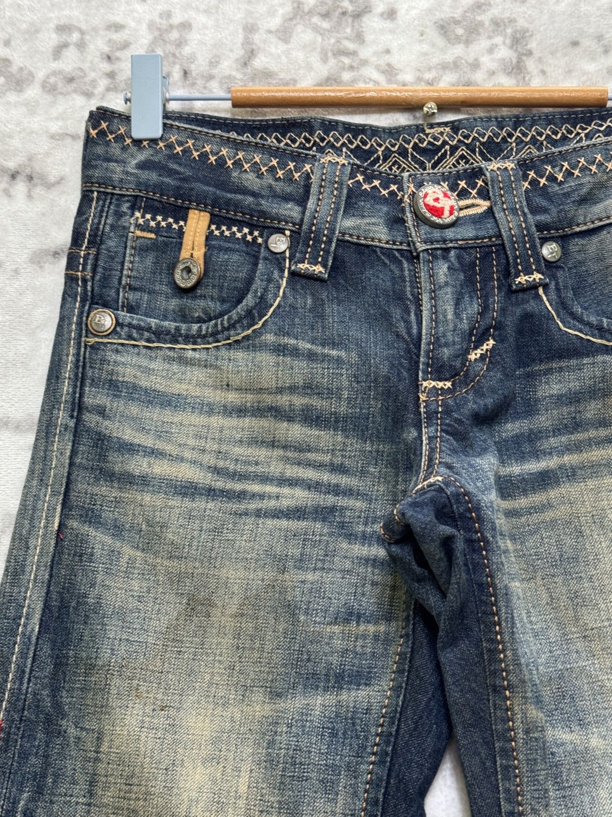Edwin Edwin Blue Trip Flare Low Rise Mud Wash Buckle Back Denim Size US 28 / EU 44 - 4 Thumbnail