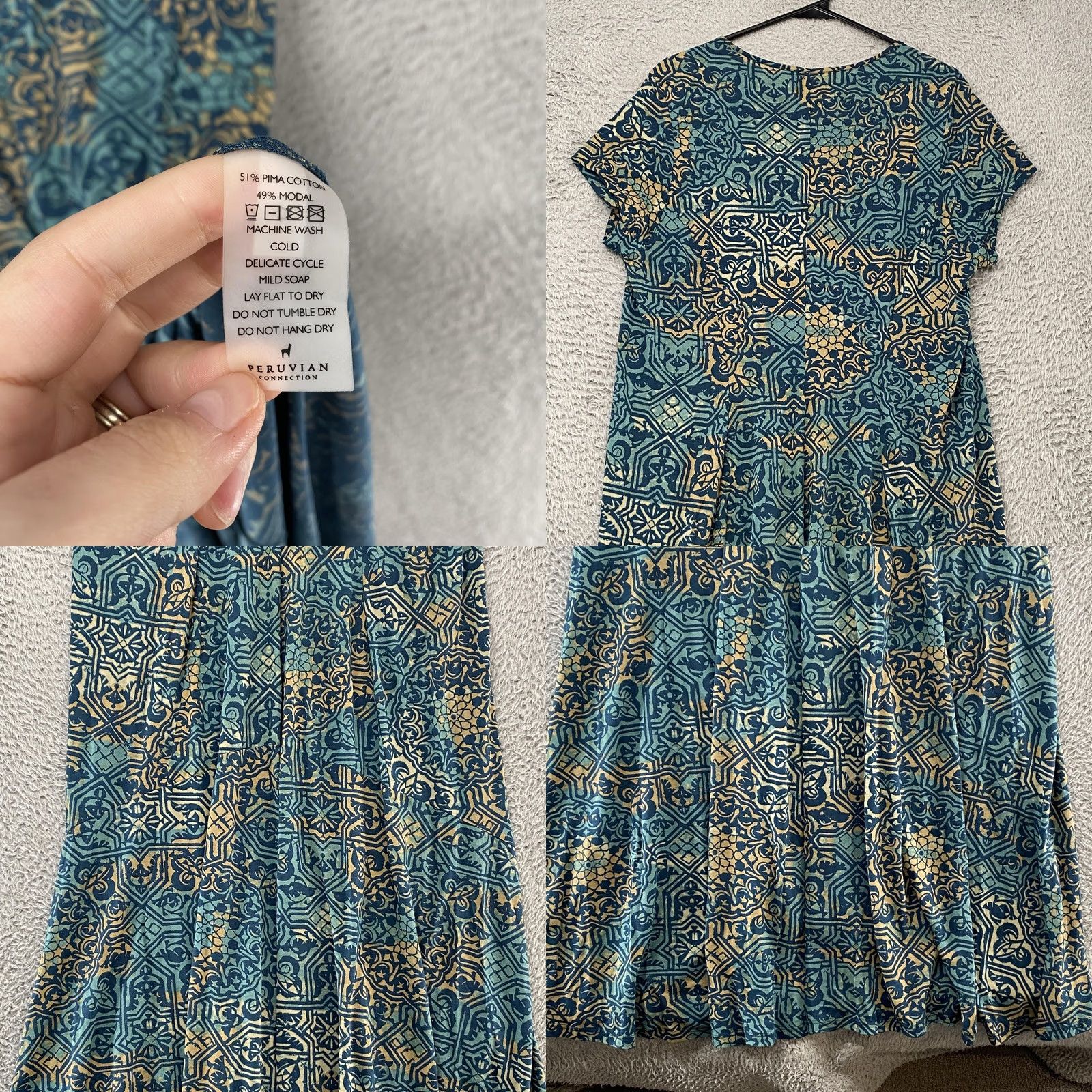 Vintage Peruvian Connection Maxi Dress Womens XL Blue Tile Stretch Jersey Mosaic Pima Size XL / US 12-14 / IT 48-50 - 8 Thumbnail