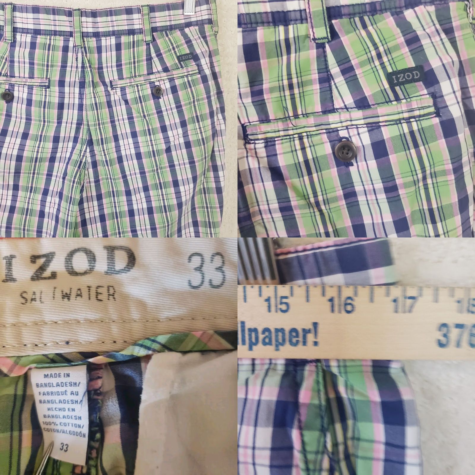 Izod Izod Saltwater Bermuda Shorts Men 33x10.5 Multicolor Plaid Cotton Blend Flat Front Regular Inseam 10.5" Summer Spring Fall Mens Size US 33 - 8 Thumbnail