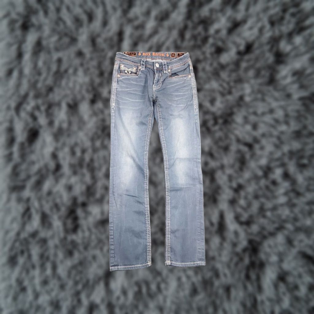 Vintage VINTAGE Rock Revival Jeans Rock Embroidered Logo Denim Y2K Men 31 Blue Cotton 5-Pocket Distressed Regular Straight Vintage Mens Jeans Size US 31 - 1 Thumbnail