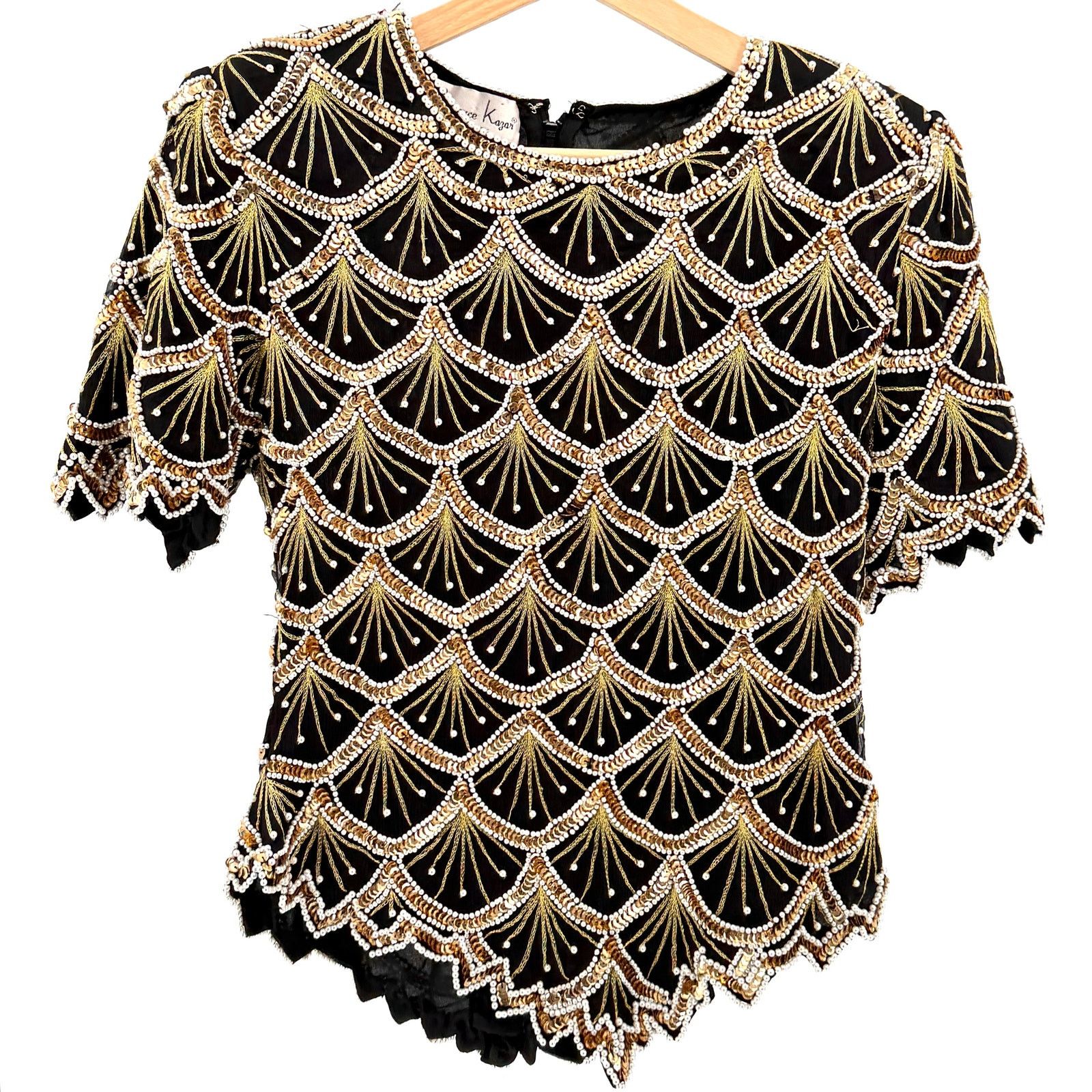 Vintage Vintage 80s Black 100% Silk Beaded Gold Sequin Pearl Top Size M / US 6-8 / IT 42-44 - 1 Thumbnail