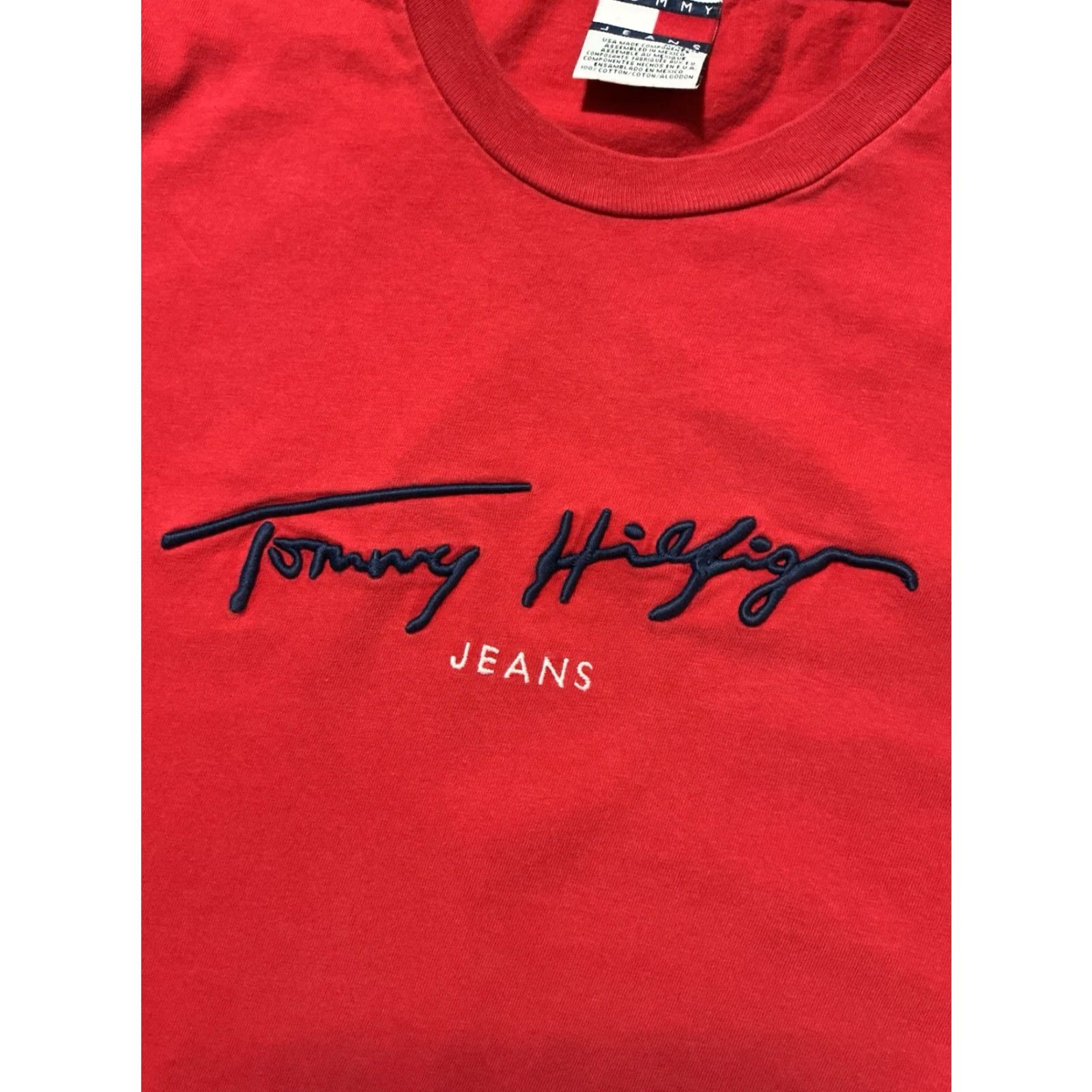 Tommy Hilfiger VINTAGE 90s Tommy Hilfiger Jeans Embroidered Red Spellout Crewneck T-Shirt XL Mens Size US XL / EU 56 / 4 - 6 Thumbnail
