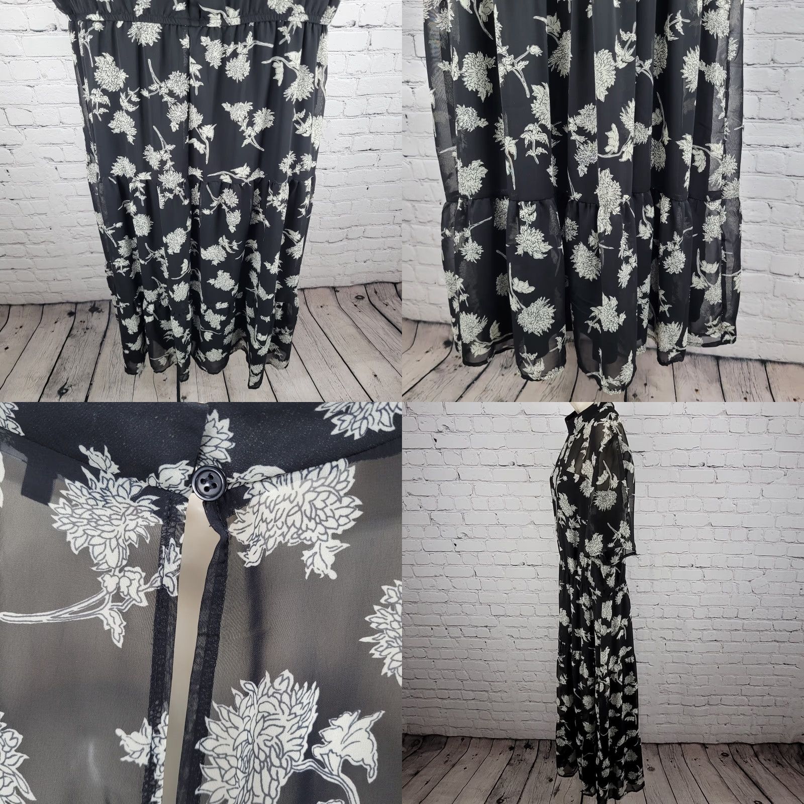 Lulus Lulus Black Floral Chiffon Short Sleeve Lined Tiered Midi Sun Dress XL Size 40" / US 18 - 8 Thumbnail