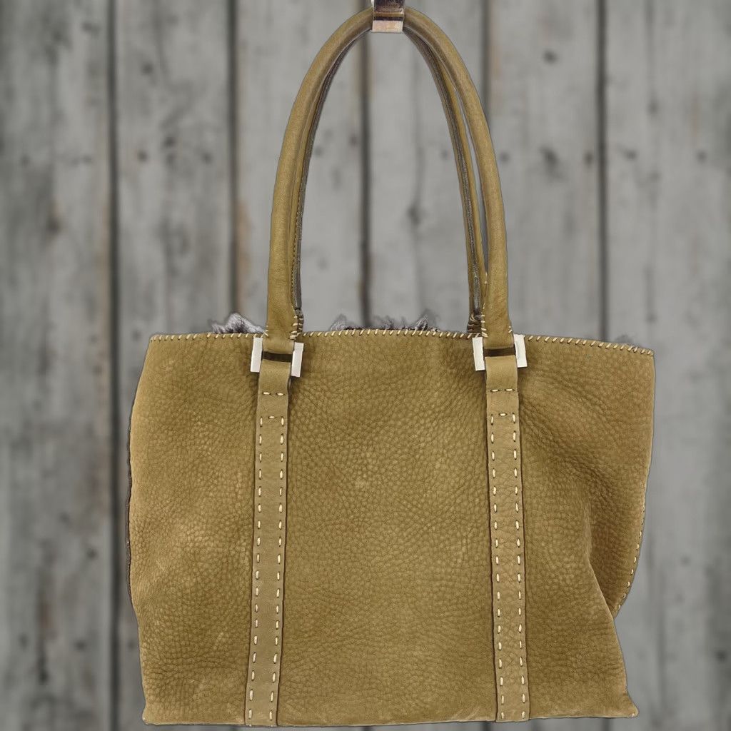 Vintage Falor Italy Large Brown Nubuck Leather Fur Trim Shoulder Bag Tote Handbag Bohemian Womens