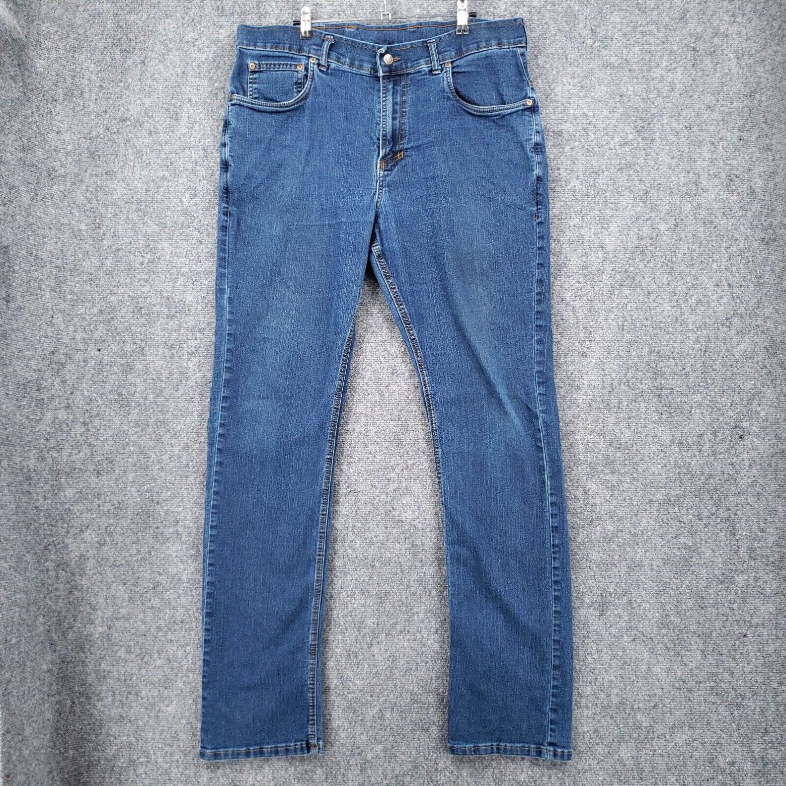 image of Vintage Origin Jeans Mens 36X34 Blue Straight Leg Stretch Medium Wash Zip Fly Denim in White