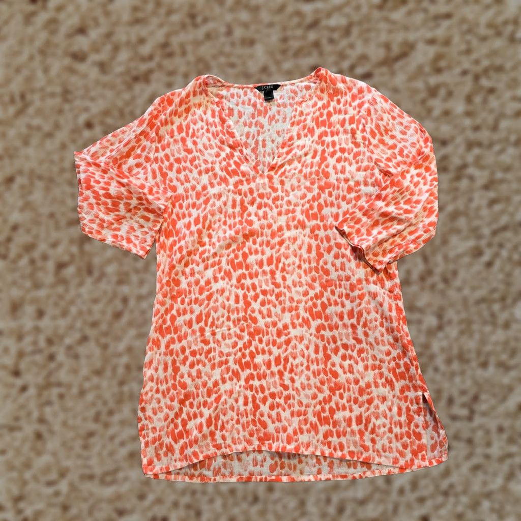 J.Crew J.CREW Blouse Shirt Womens S Orange White Dotted 3/4 Sleeve Tunic Beachy Career Vintage No Size S / US 4 / IT 40 - 1 Thumbnail