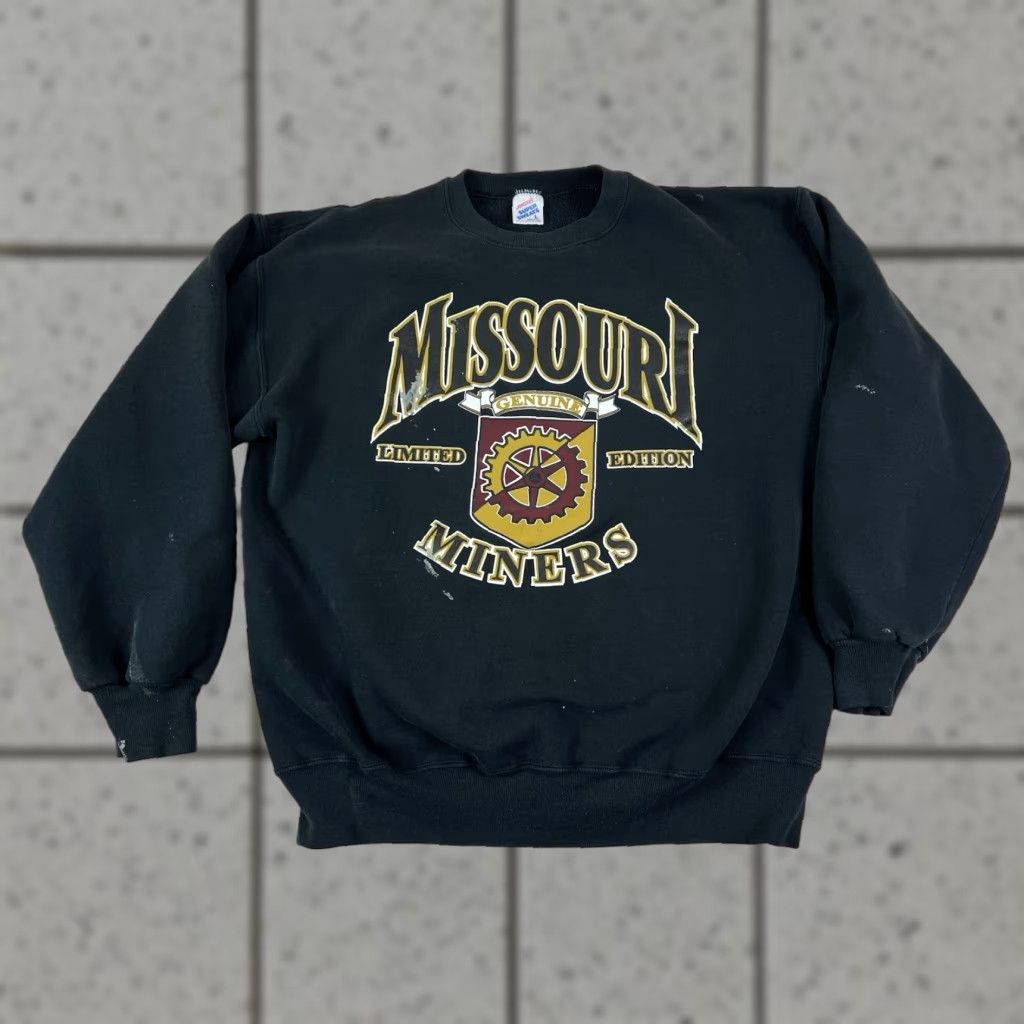Jerzees VINTAGE Jerzees Sweatshirt Crewneck Black L Distressed Graphic Print Missouri Miners S&T Rolla 90s University Mens Size US L / EU 52-54 / 3 - 1 Thumbnail
