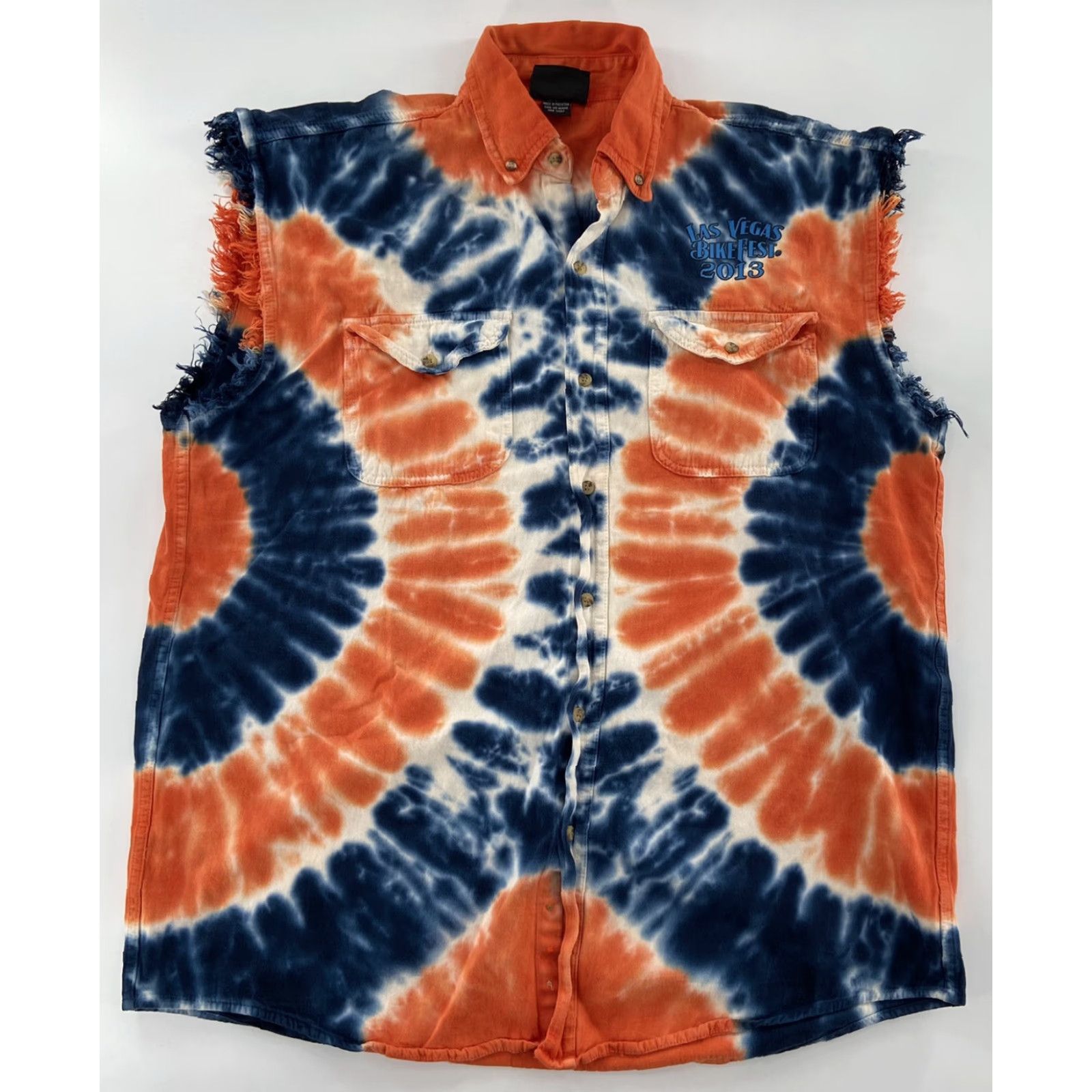 Vintage Biker Wear Shirt Damaged Tie Dye Sleeveless Las Vegas Bikefest 2013 Men 2XL Blue Orange Shirt Mens XXL Size US XXL / EU 58 / 5 - 2 Thumbnail