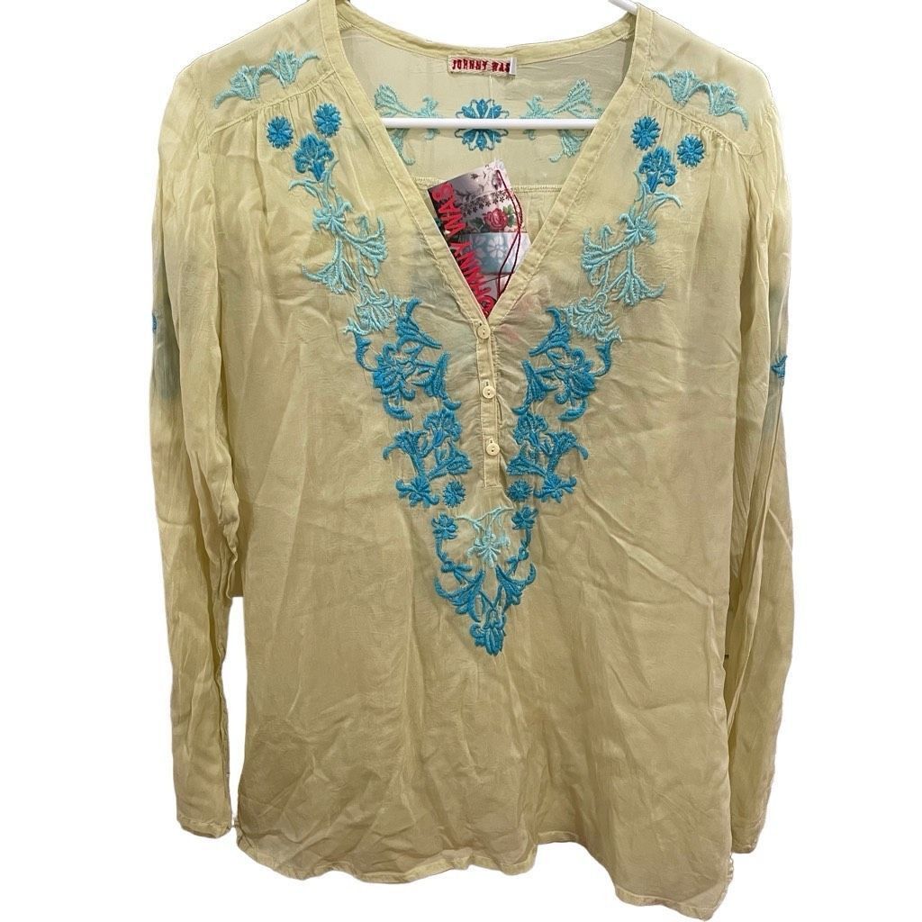 image of Johnny Was Tunic Women’S S Pastel Yellow Embroidered Boho Cupro NWT in Blue, Women's (Size Small)