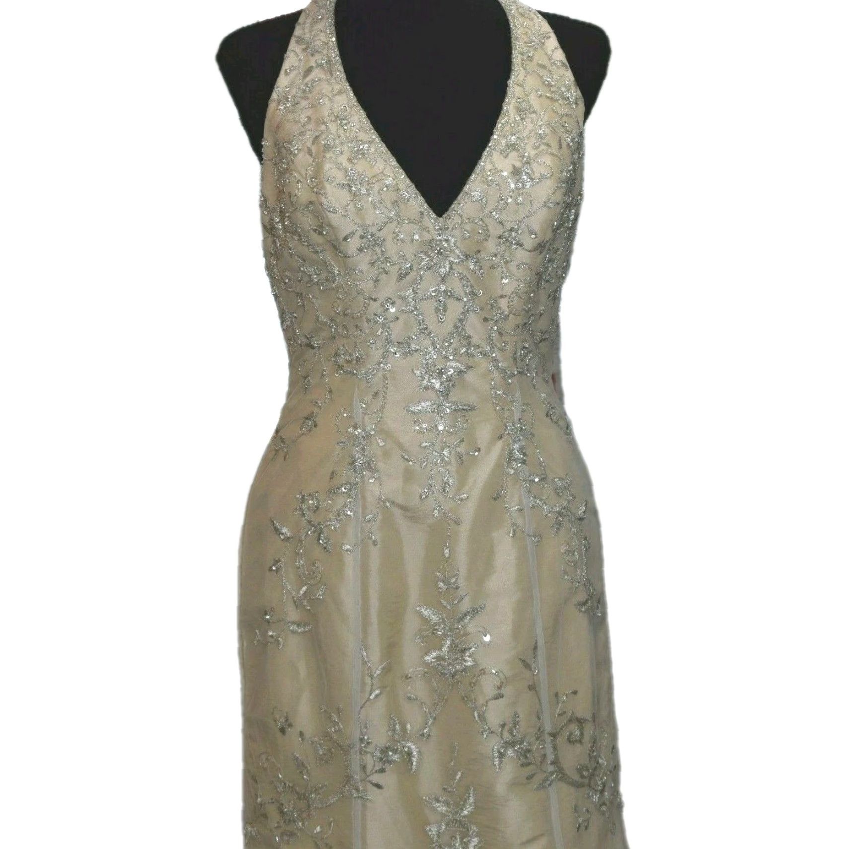 Vintage Mari Lee Wedding Dress Gown Sleeveless V Neck Size XS Sequin Lace Champagne/Cream Dress Back Zipper Duchess Ball Gown Womens Size ONE SIZE - 3 Thumbnail