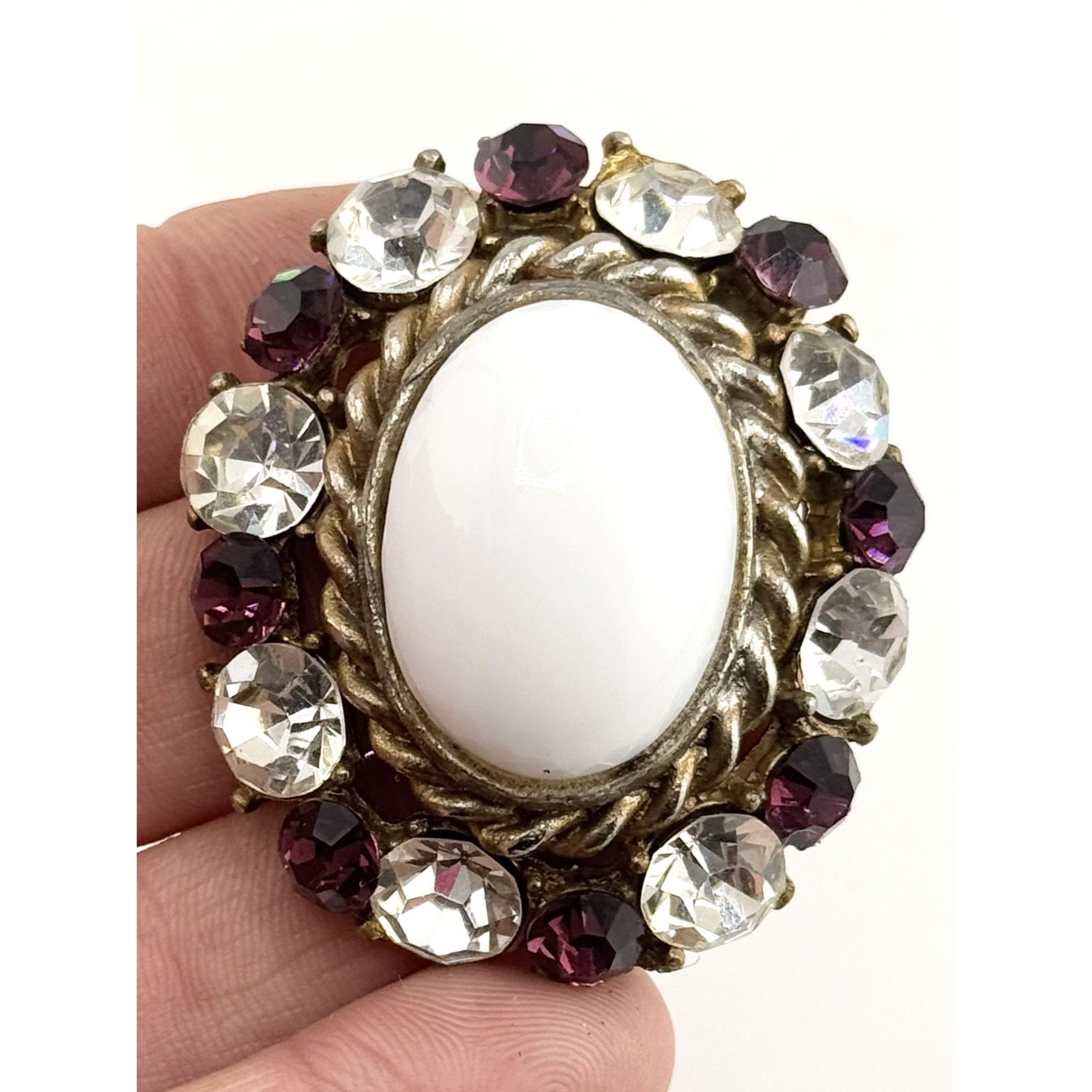 Vintage Vintage white milk glass purple glass rhinestone brooch pin Size ONE SIZE - 1 Thumbnail