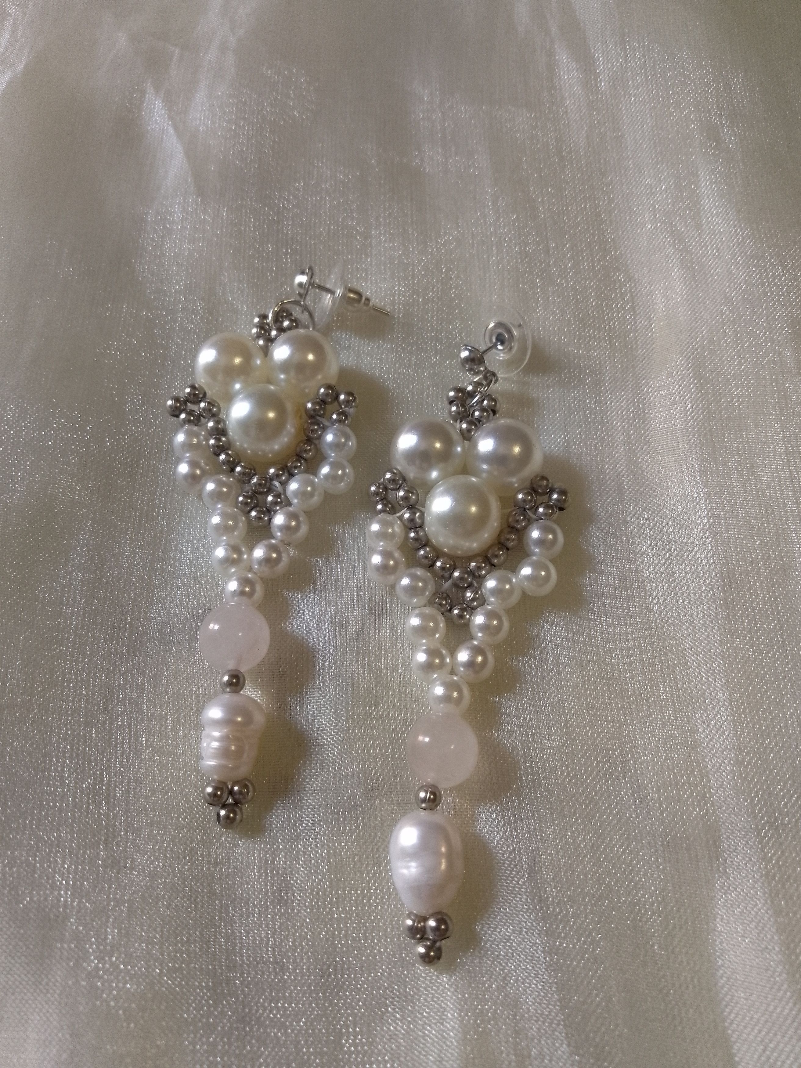 Handmade Earrings with freshwater pearls Rose Quartz gemstones Size ONE SIZE - 4 Thumbnail