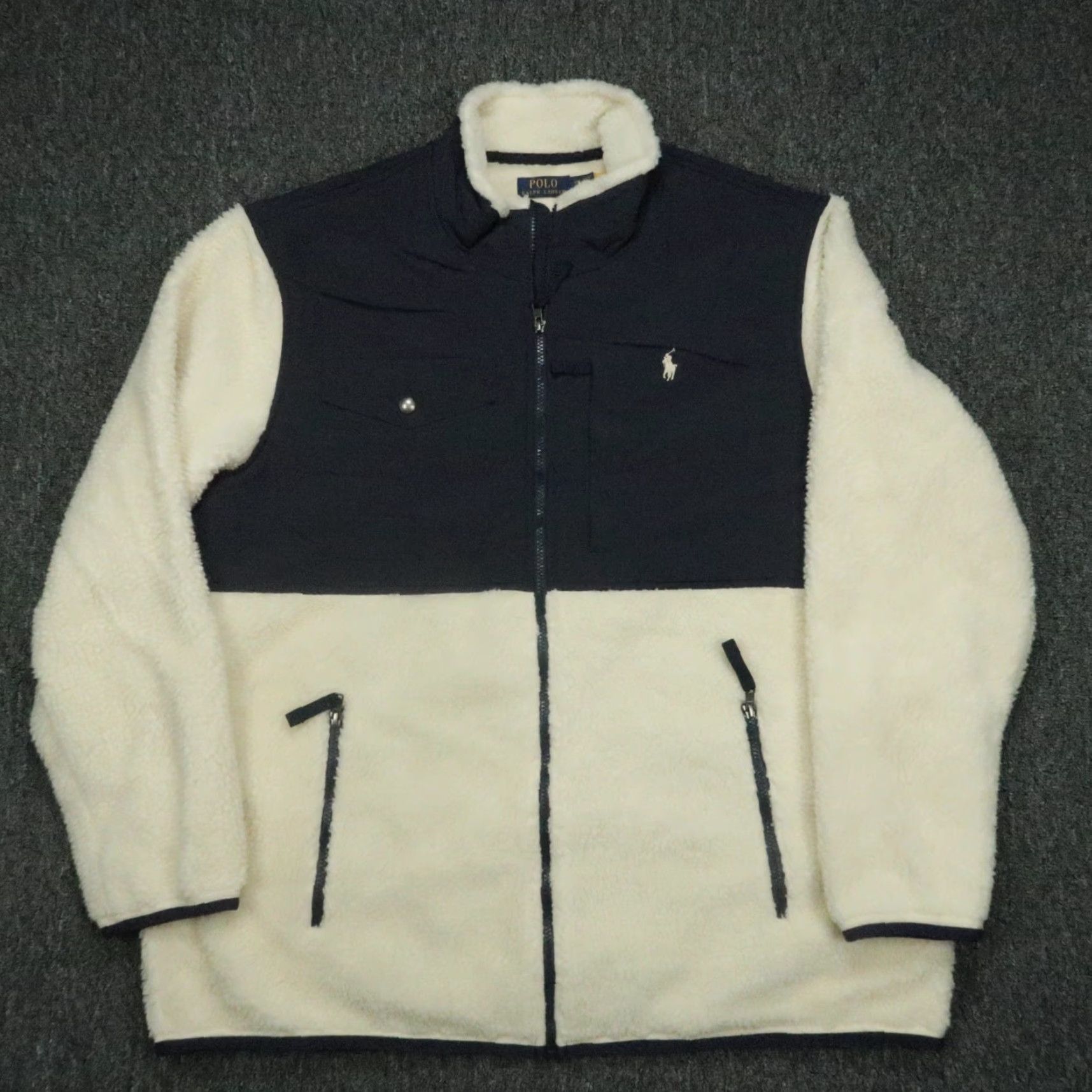 Polo Ralph Lauren VINTAGE Polo Ralph Lauren Jacket Mens XXL Cream Blue Hybrid Fleece High Pile Full Zip Size US XXL / EU 58 / 5 - 2 Thumbnail