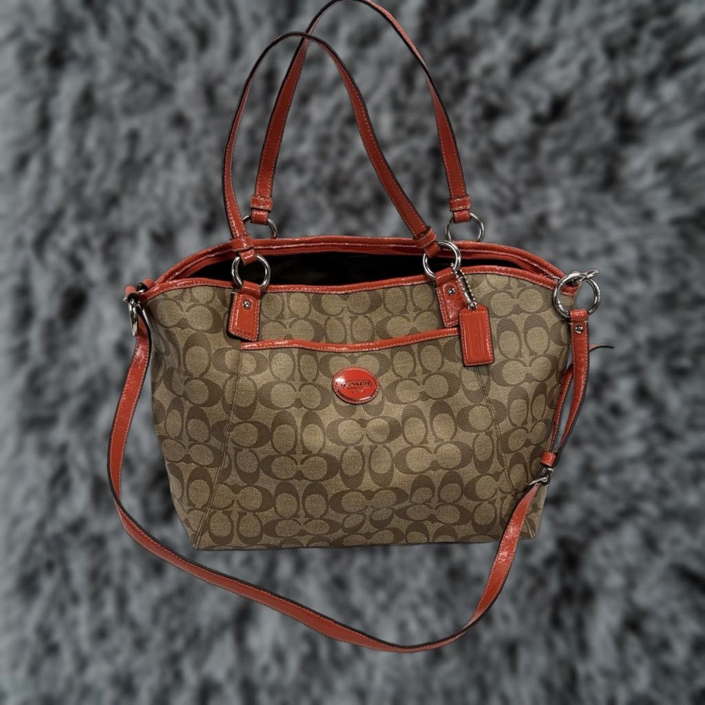 VINTAGE Coach Peyton Shoulder Bag Brown/Orange Coated Canvas Medium Tote Women's Bag