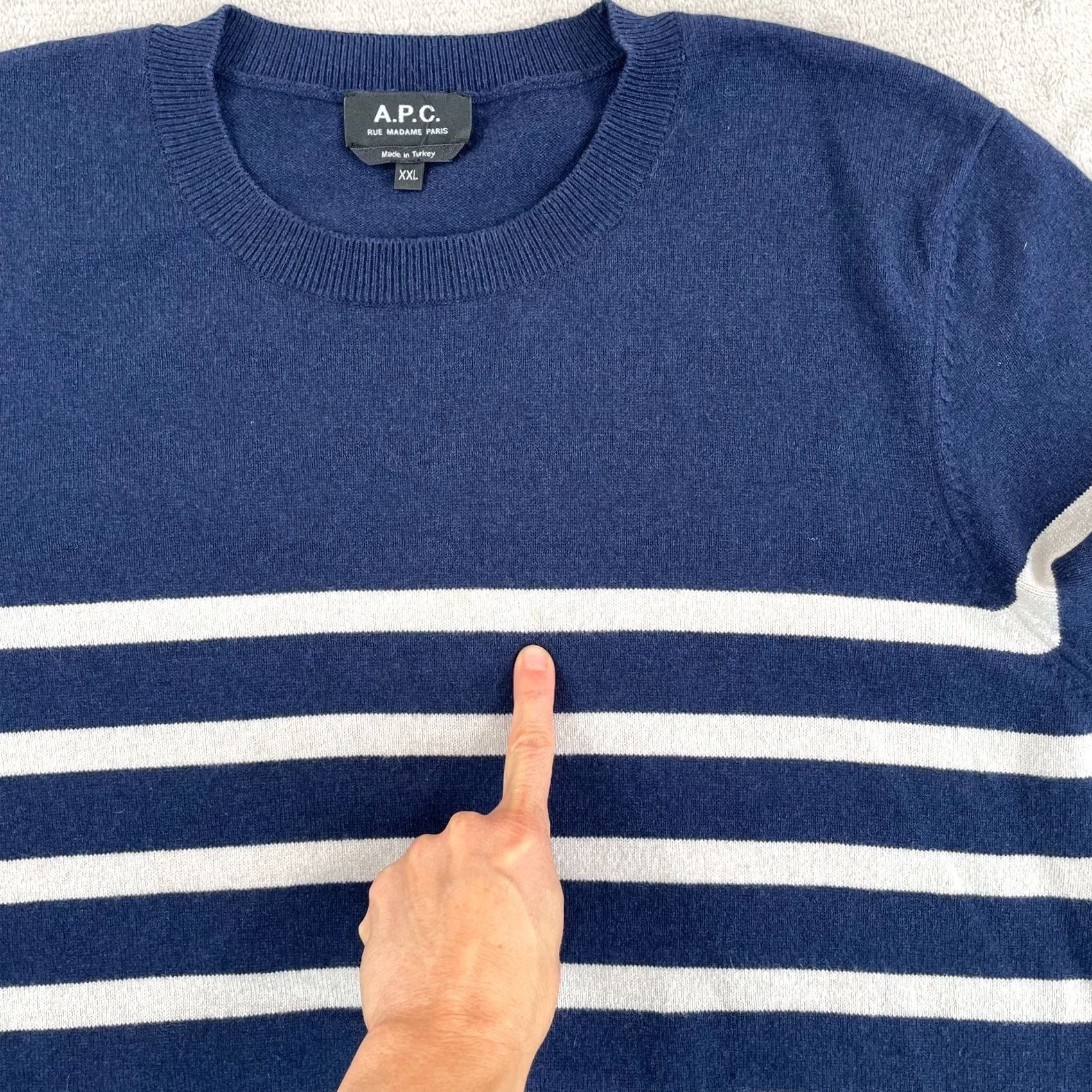 A.P.C. A.P.C. Maceo Stripe Knit Sweater Men 2XL Navy Cashmere Cotton Blend Designer Pullover Crew Neck Long Sleeve Casual Winter Fall Spring Womens? Mens Size US XXL / EU 58 / 5 - 5 Thumbnail