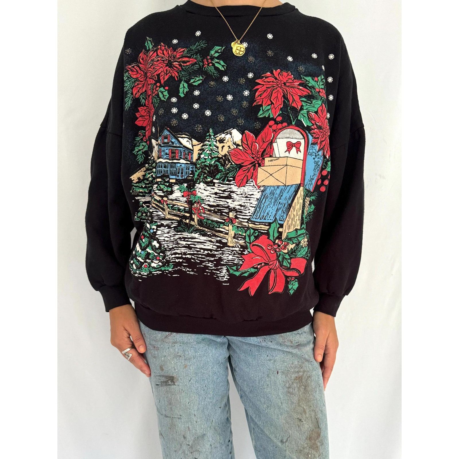 Cabin Creek 90s vintage black festive holiday scene pullover sweatshirt Size S / US 4 / IT 40 - 1 Thumbnail