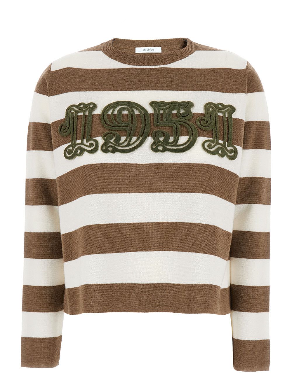Max Mara 'Viterbo' Beige Crewneck Sweater with Embroidery on the Front and All-Over Striped Motif in Wool Woman Size M / US 6-8 / IT 42-44 - 1 Thumbnail