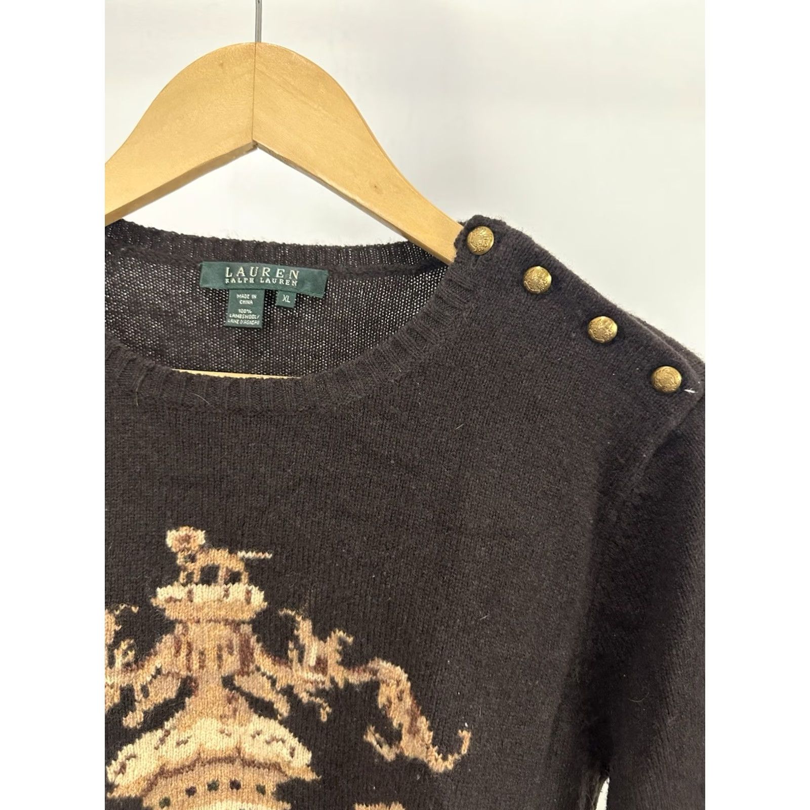 Ralph Lauren VINTAGE Lauren Ralph Lauren Women's Lambswool Pullover Sweater XL Brown Lion Royal Crest Size XL / US 12-14 / IT 48-50 - 5 Thumbnail
