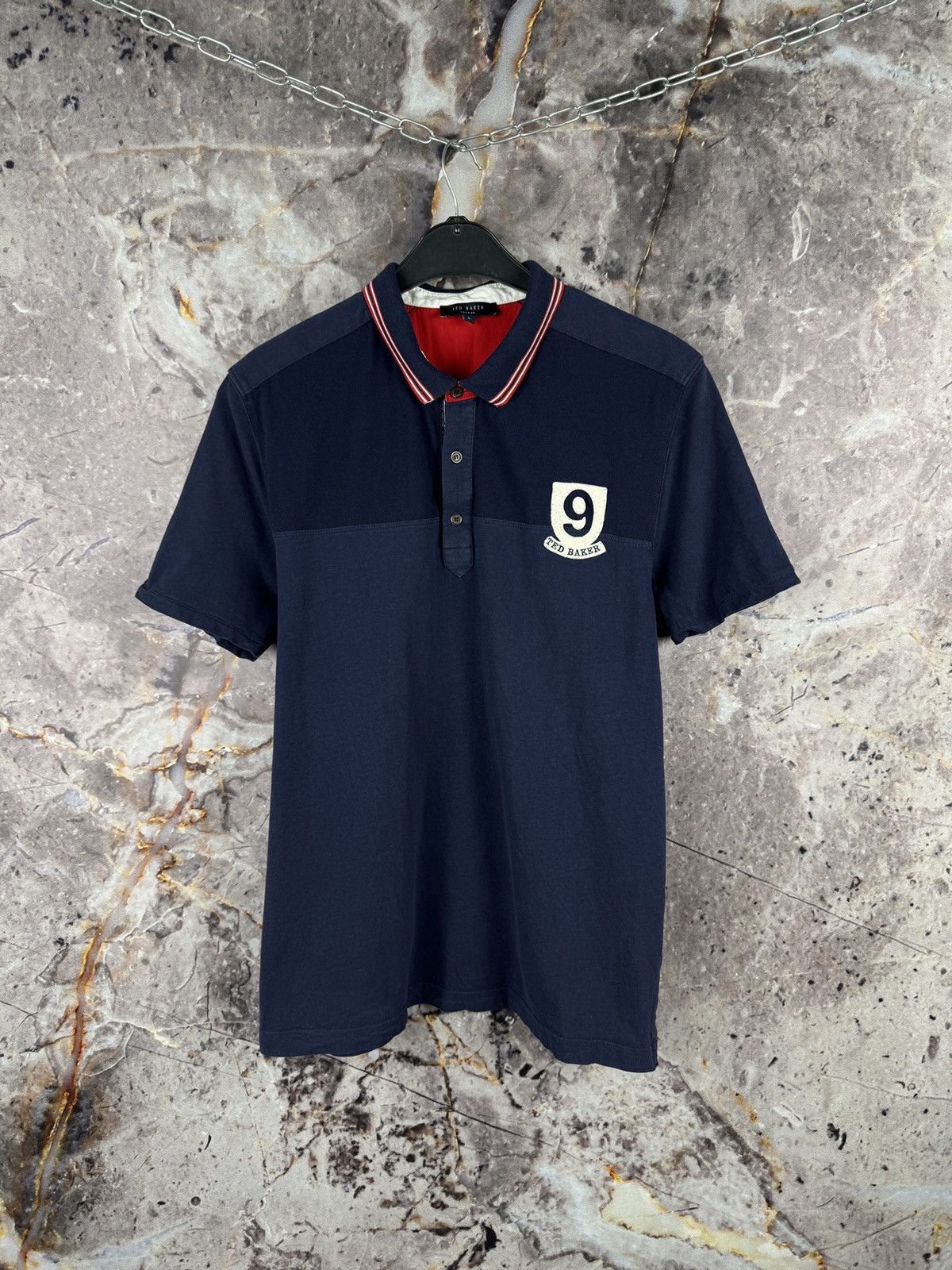 Ted Baker Ted Baker Polo Shirt Navy Red Trim Number 9 Patch Back Logo Size US XL / EU 56 / 4 - 2 Thumbnail