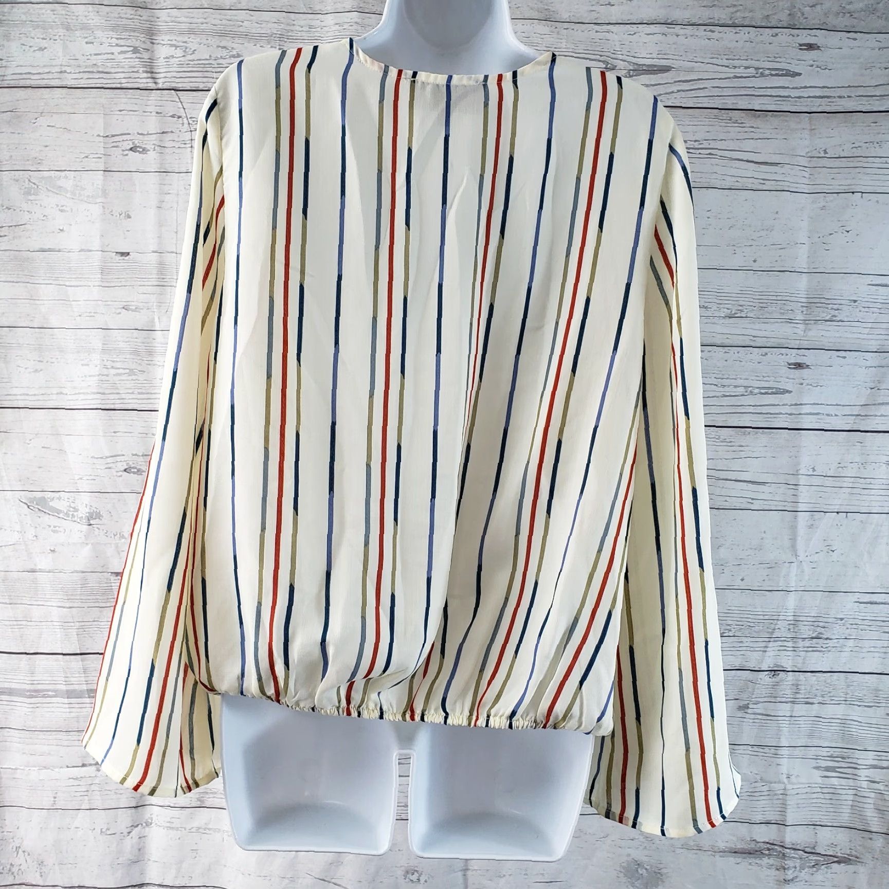 Vintage Sunday in Brooklyn Womens Blouse Sz Medium Cream Blue Striped Long Sleeve V-Neck Size M / US 6-8 / IT 42-44 - 3 Thumbnail