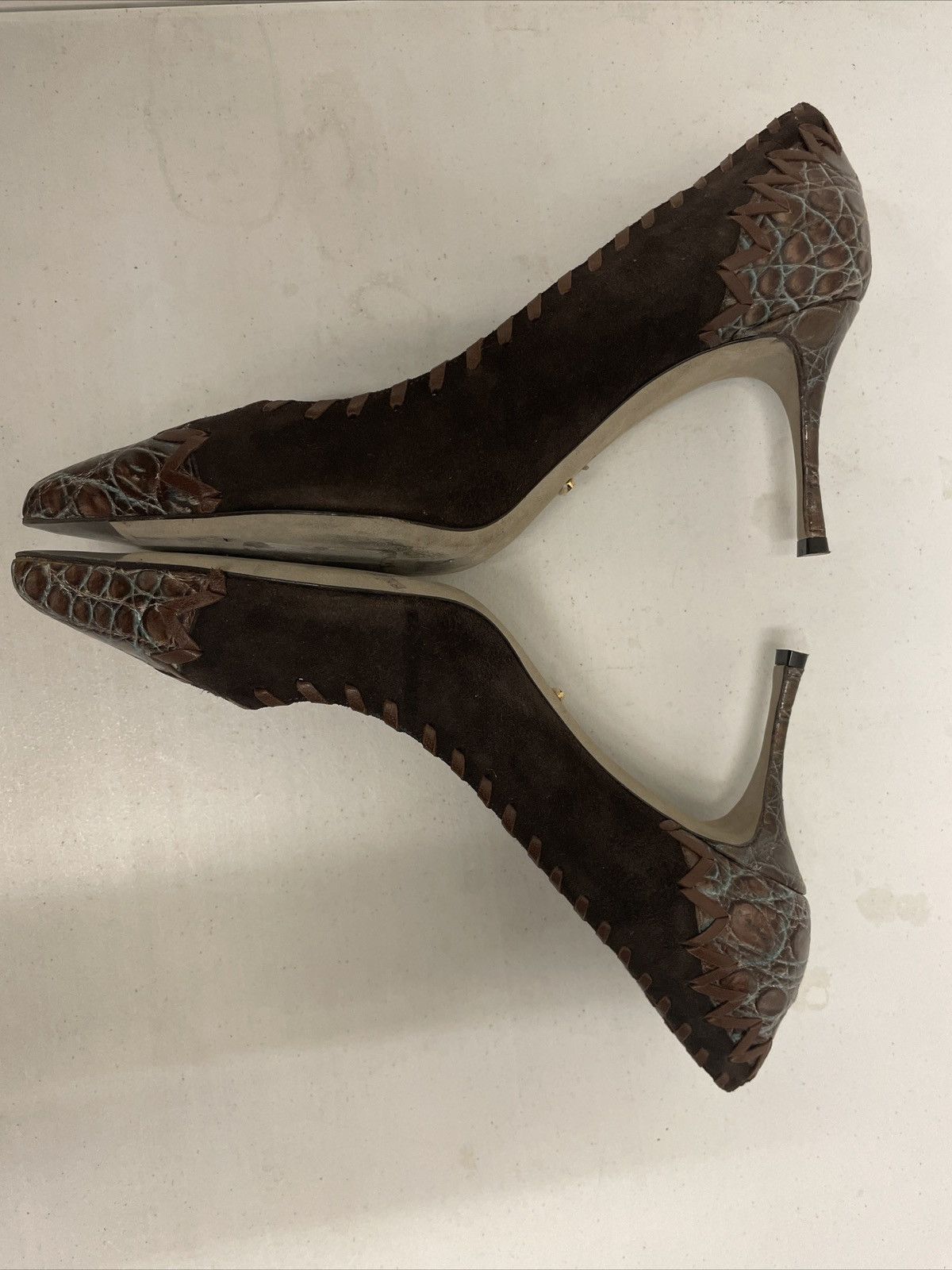 image of Sergio Rossi Crocodile Trim Pointy Toe Pump Shoes in Brown, Women's (Size 9)