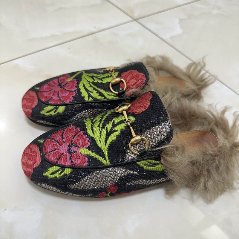 Gucci Floral Print Fur-Lined Slide Sandals 0079