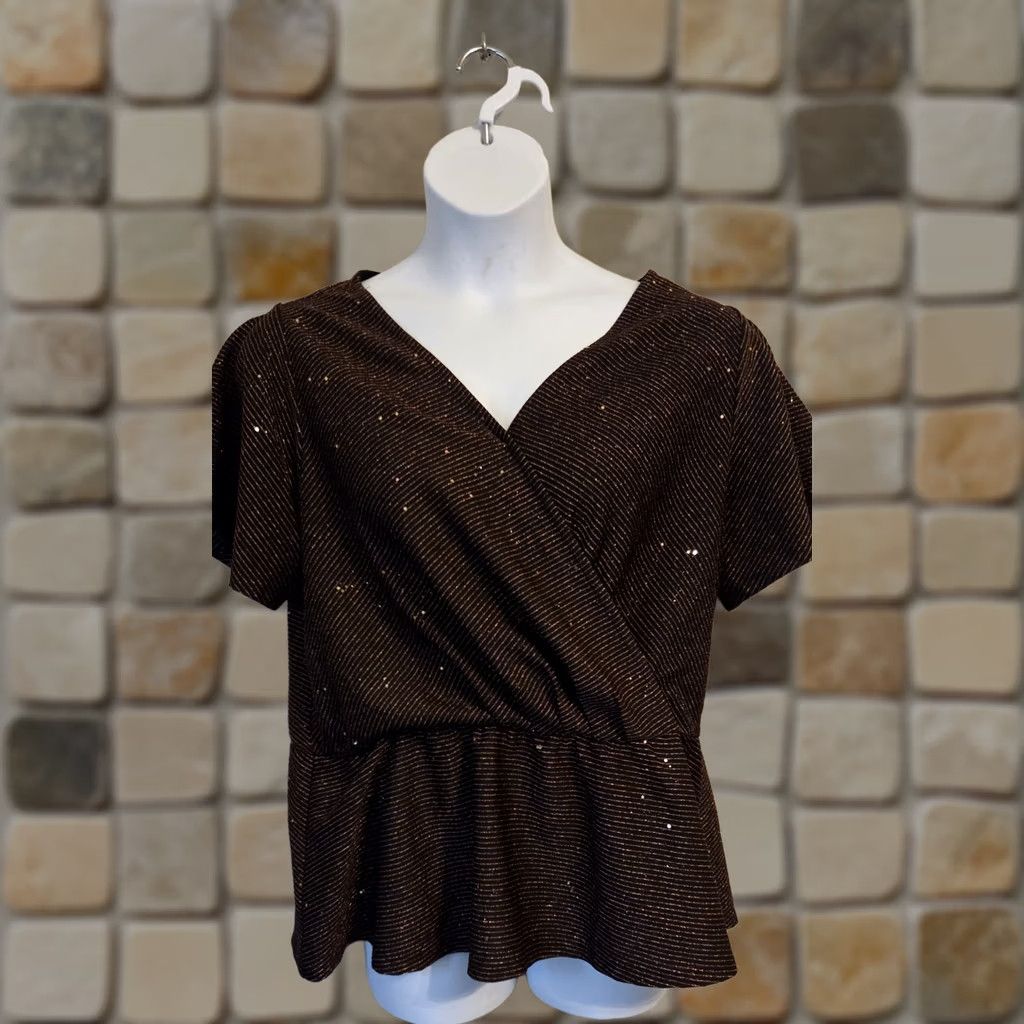 Vintage Lane Bryant Black Copper Textured Stripe Wrap Style Fitted Waist Top 18 20 Women Plus Size XXL / US 16-18 / IT 52-54 - 1 Thumbnail