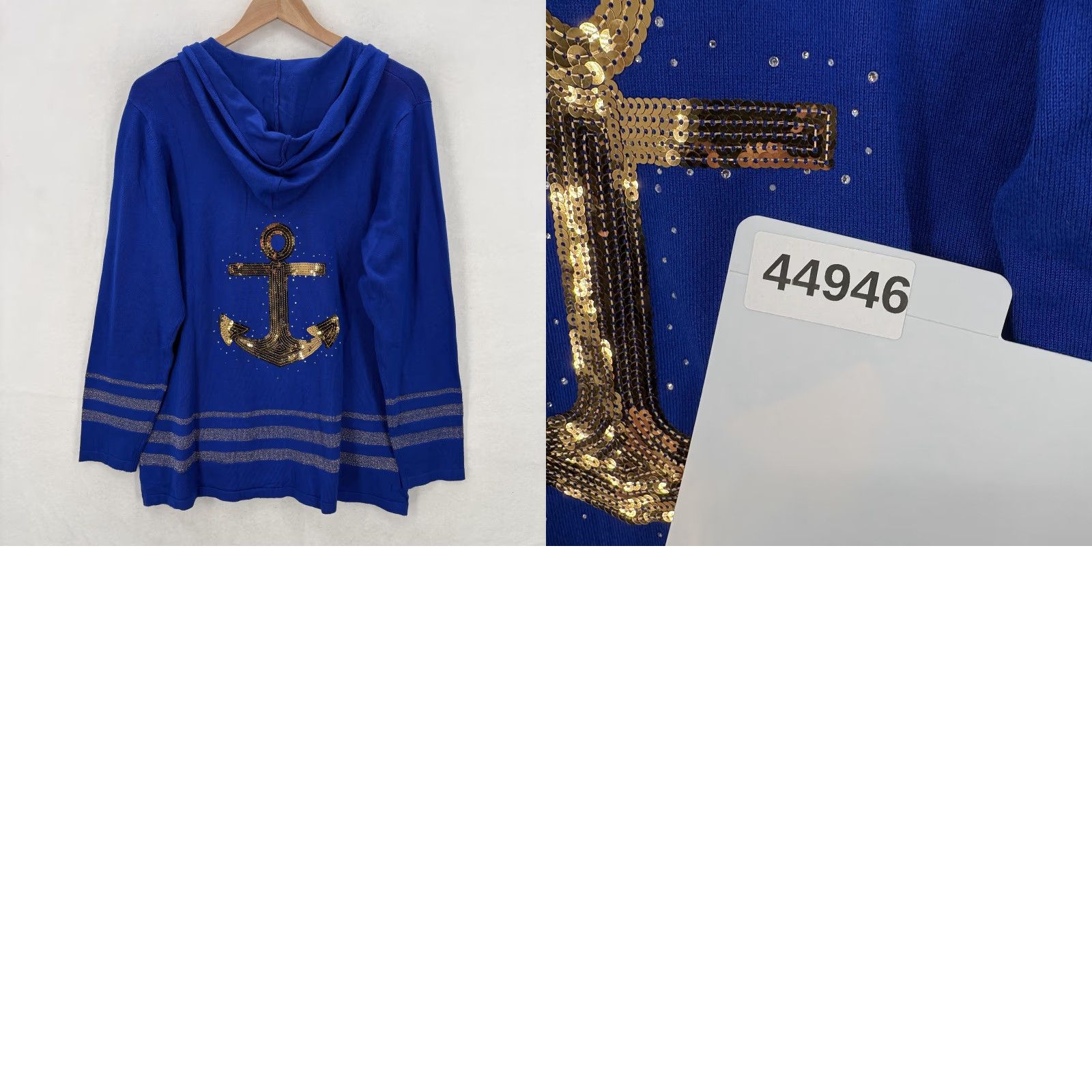 Quacker Factory Quacker Factory Hoodie Womens Medium Blue Sequin Anchor Nautical Full Zip Hooded Pockets Size M / US 6-8 / IT 42-44 - 9 Thumbnail
