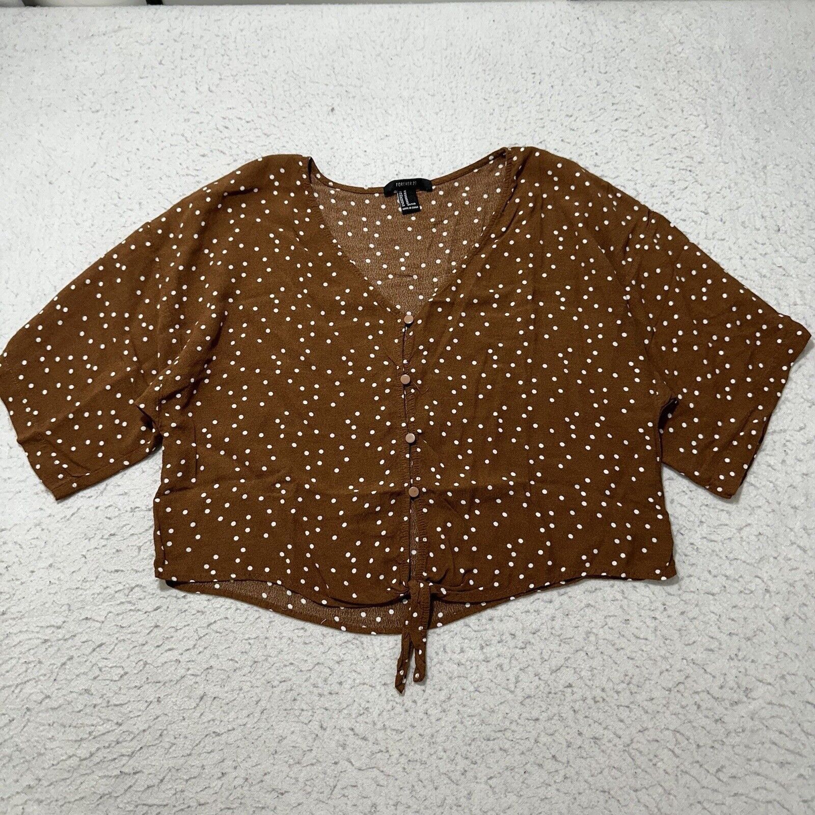 Forever 21 Forever 21 Medium Brown White Polka Dot V-Neck Blouse Size M / US 6-8 / IT 42-44 - 1 Thumbnail