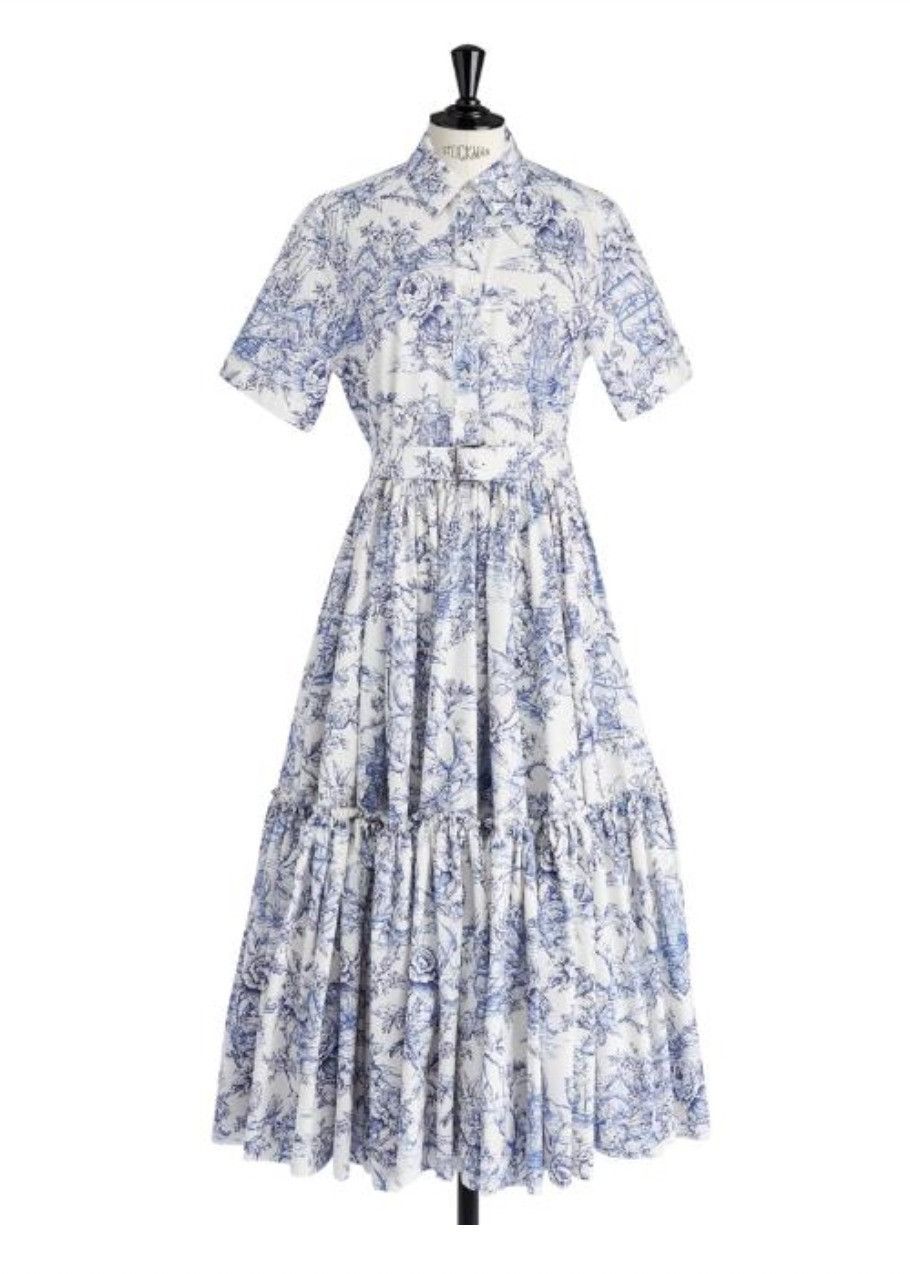 dior dress blue and white Vintage 1956 Christian Dior Couture Blue Floral Silk Portrait Collar New  Look Dress main image 0