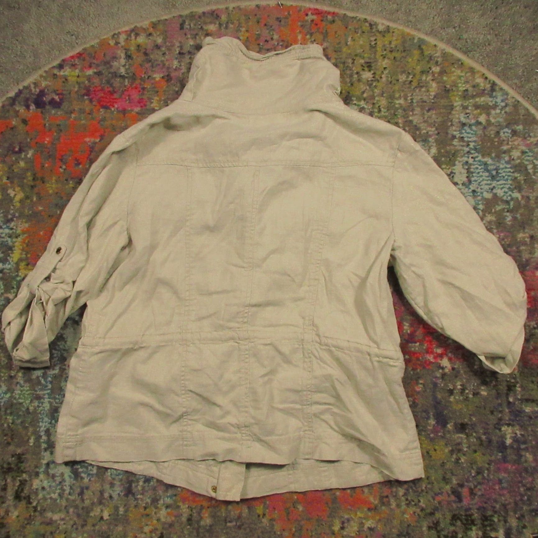 Michael Kors Michael Kors Linen Jacket Womens 14 Casual 3/4 Sleeve Ruffle Neck Khaki White Solid Knit Mid-Length Jacket Women Size 14 Mens? Size XL / US 12-14 / IT 48-50 - 2 Thumbnail