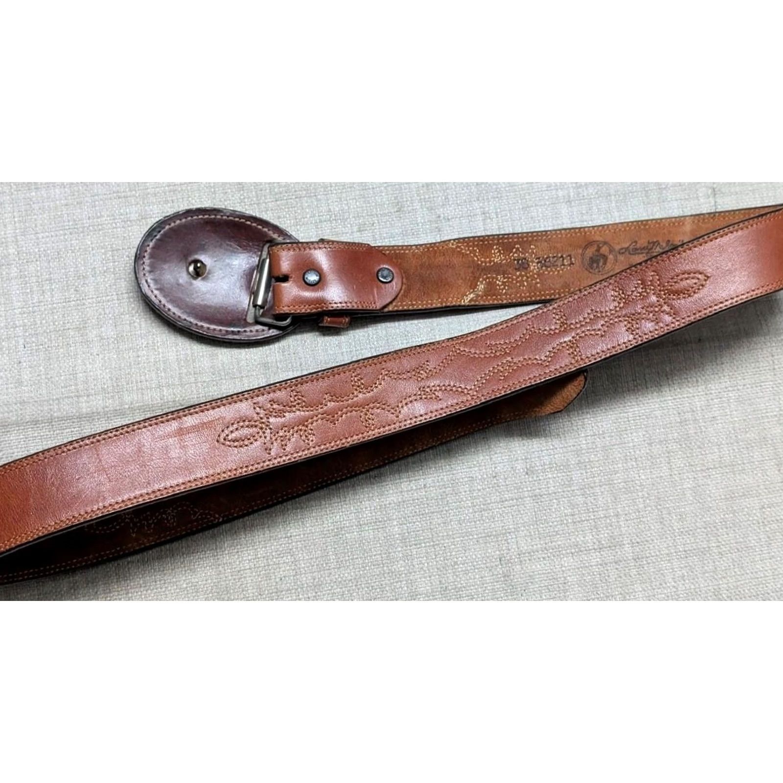 Vintage VINTAGE WESTERN belt LIZARD buckle USA made brown 38 leather COWBOY belt Men Buckle inlay Stitched 1-1/2" width Size 38 - 5 Thumbnail