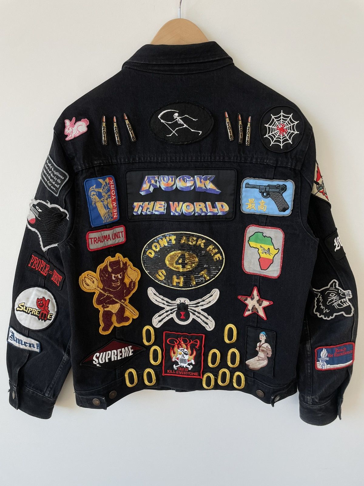 image of Supreme Patches Trucker Denim Jacket in Black, Men's (Size Small)