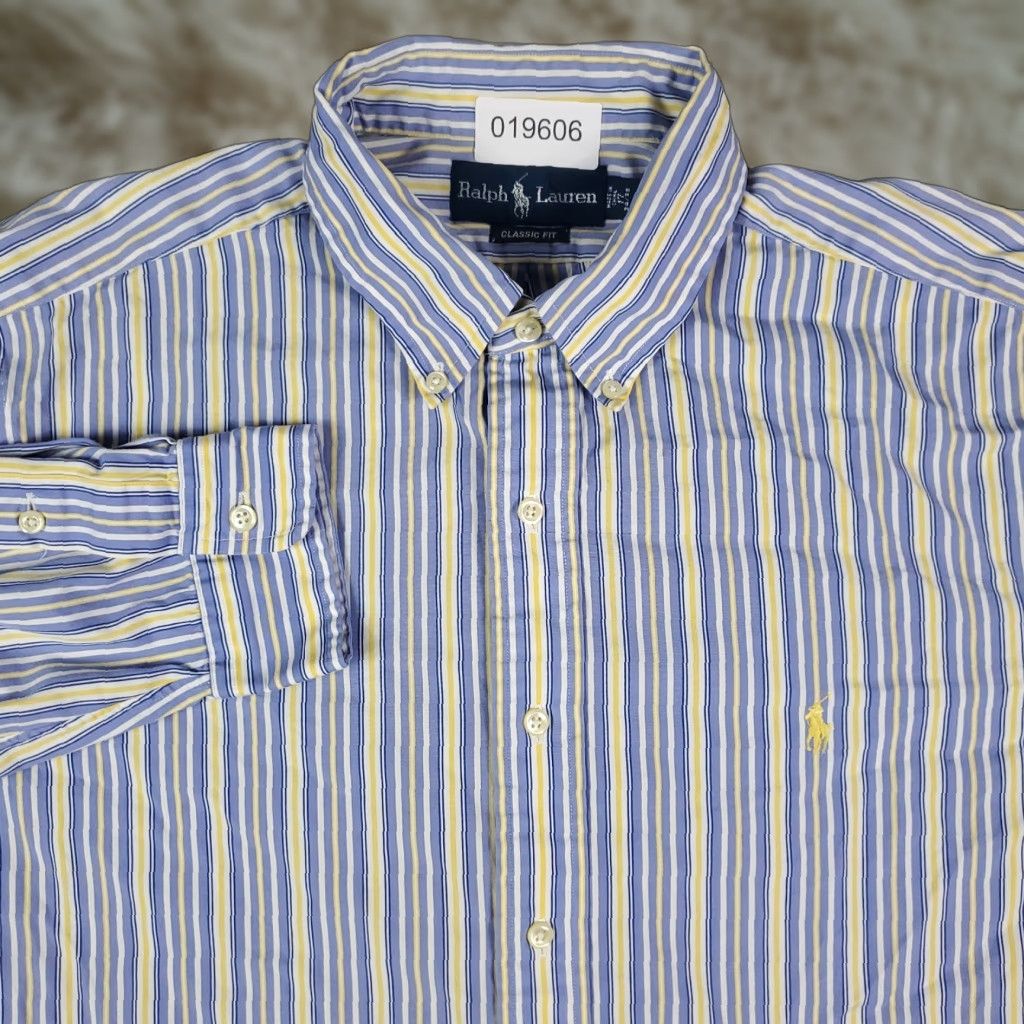 Ralph Lauren Ralph Lauren Shirt Mens 17 Blue Striped Classic Fit Dress Button-Up Long Sleeve Cotton Dress Shirt 17in Neck Blue Mens Regular 90s Classic Size 46R - 1 Thumbnail