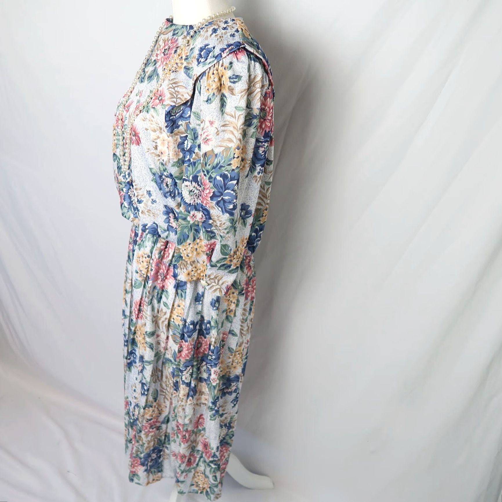 Vintage VINTAGE Cue 80s Midi Dress Knots Blue Pink Grey Floral Bohemian 10 Womens Size L / US 10 / IT 46 - 3 Thumbnail