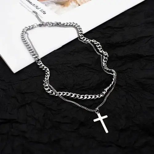 VIBE Titanium Steel Layered Cross Pendant Necklace for Men Women Size ONE SIZE - 2 Thumbnail
