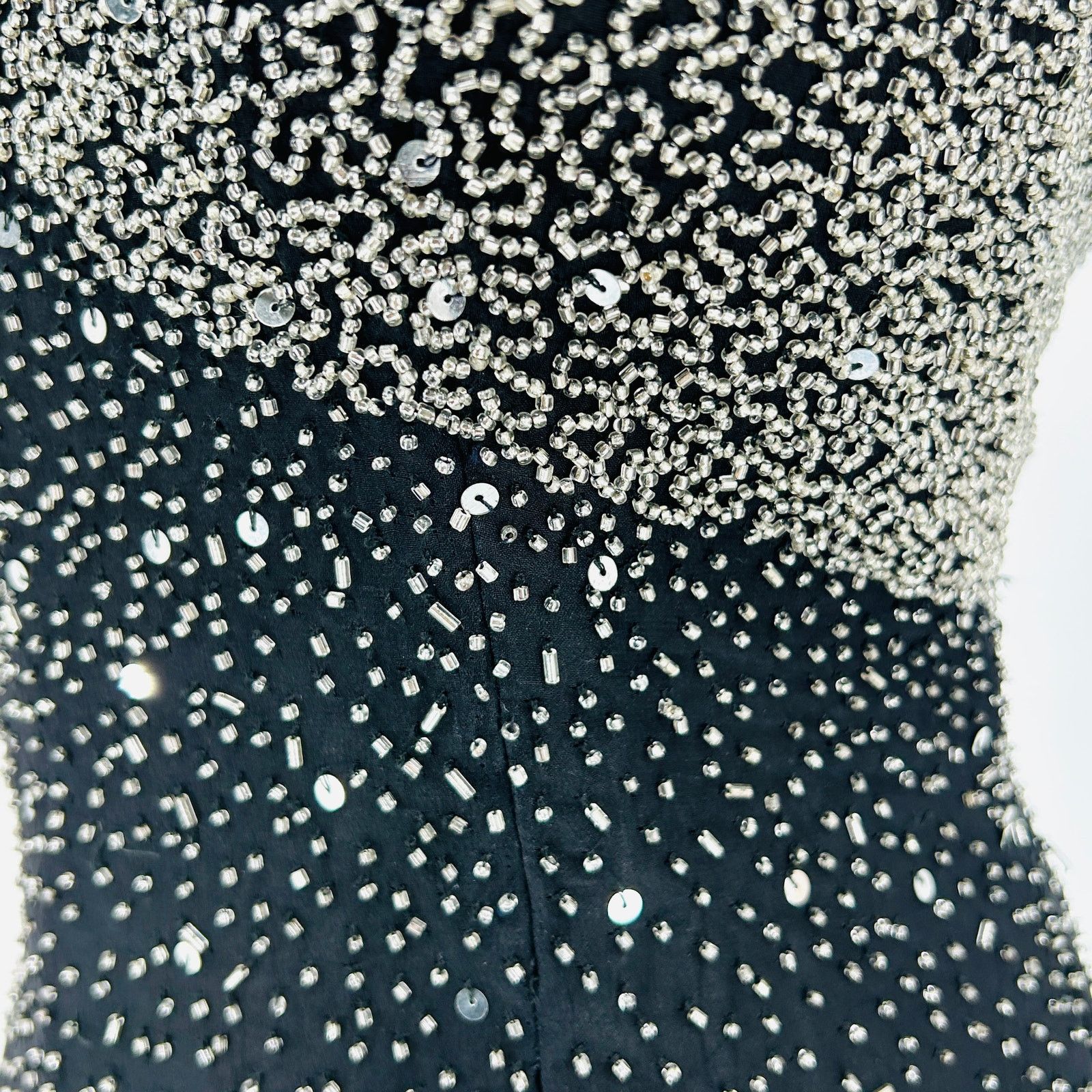 Vintage 90s Scala Black Silver Beaded Silk Formal Gown Dress