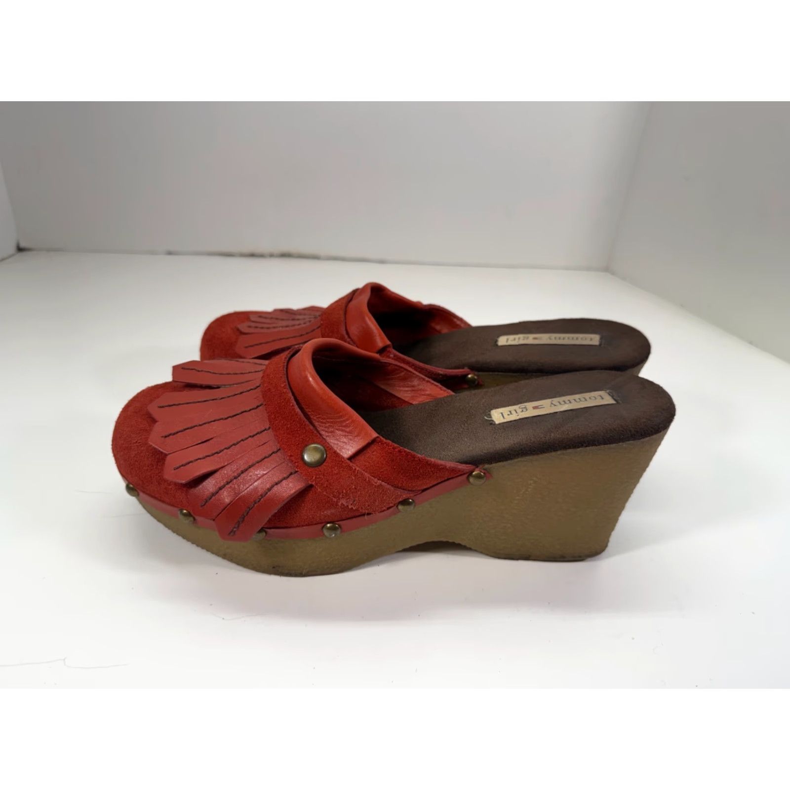 Tommy Hilfiger Tommy Hilfiger Women's Mule Wedge Heels Red Leather Fringe Studded Round Toe 8.5 M Size US 9 / IT 39 - 7 Thumbnail