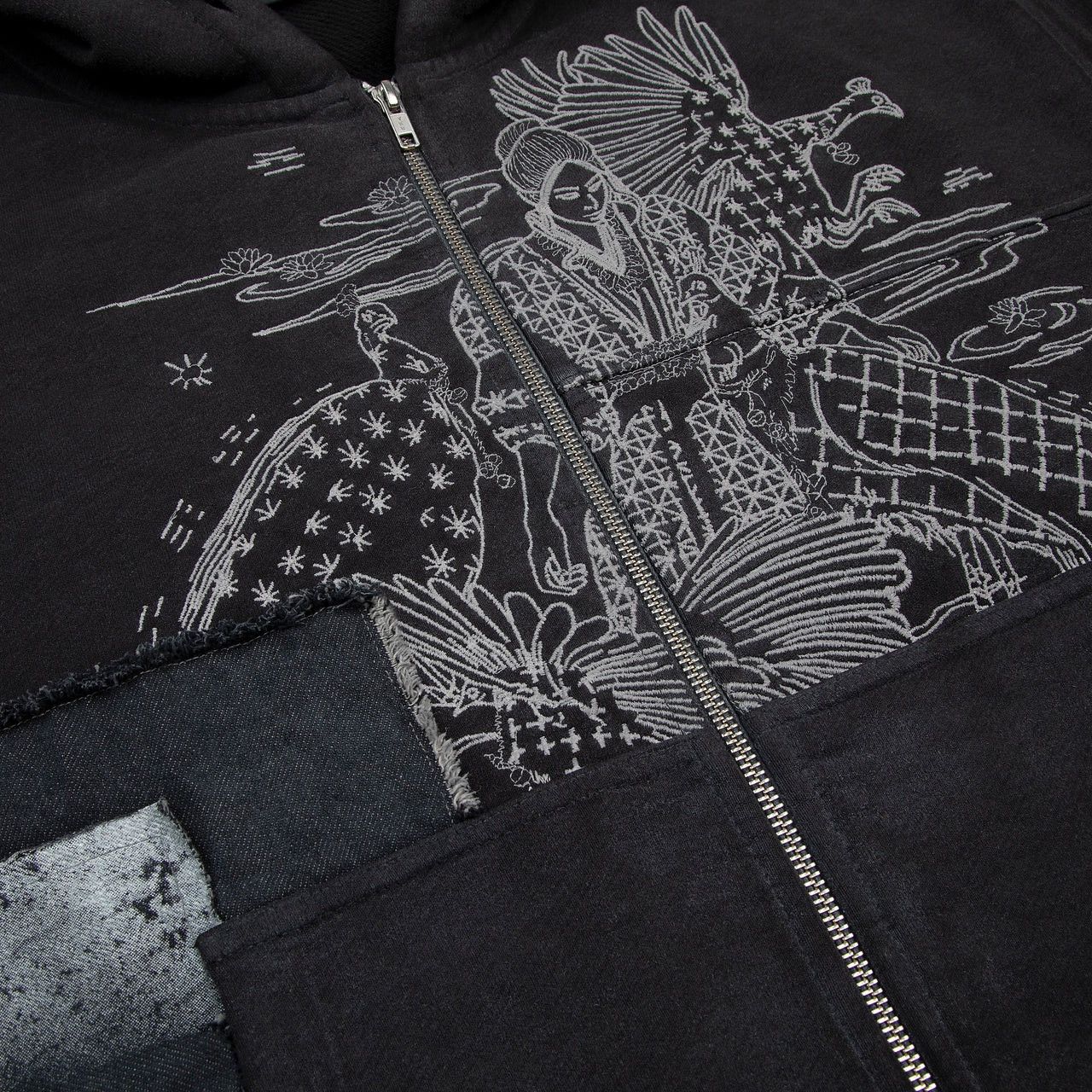 Boro Sashiko Zip Up Hoodie Sweatshirt Patchwork in Black, Men's (Size Xl) — image 5 of 6