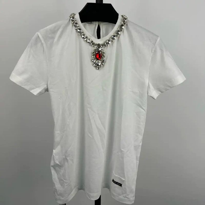 Miu Miu White Cotton T-Shirt with Embellishments 0089