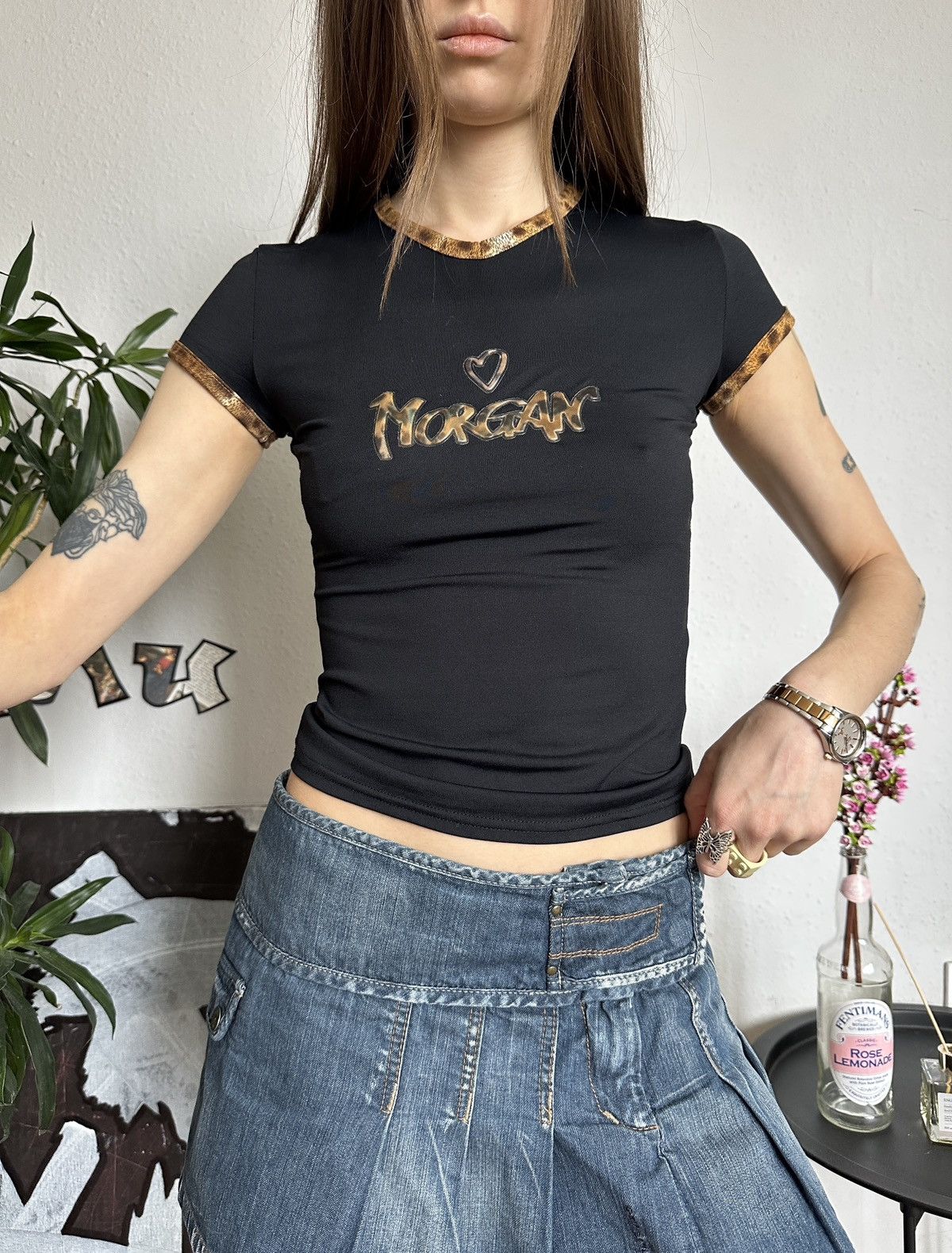 Japanese Brand × Morgan Homme Vintage Morgan De Toi Leopard Logo Baby Tee Top Size XS / US 0-2 / IT 36-38 - 4 Thumbnail