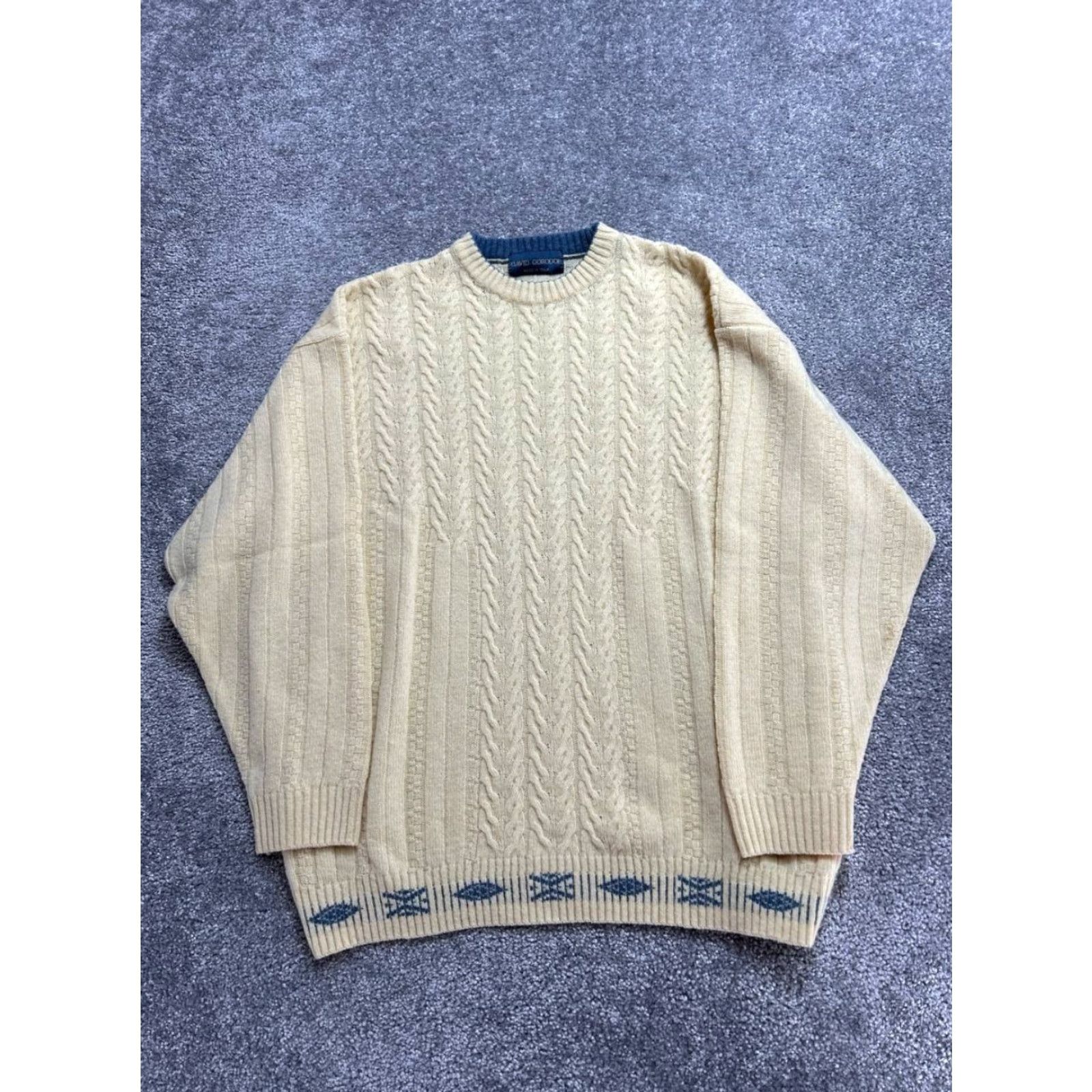 Vintage David Gorodof Sweater Mens Large Beige Contrast Hem Cable Knit Ribbed Shirt Size US L / EU 52-54 / 3 - 2 Thumbnail