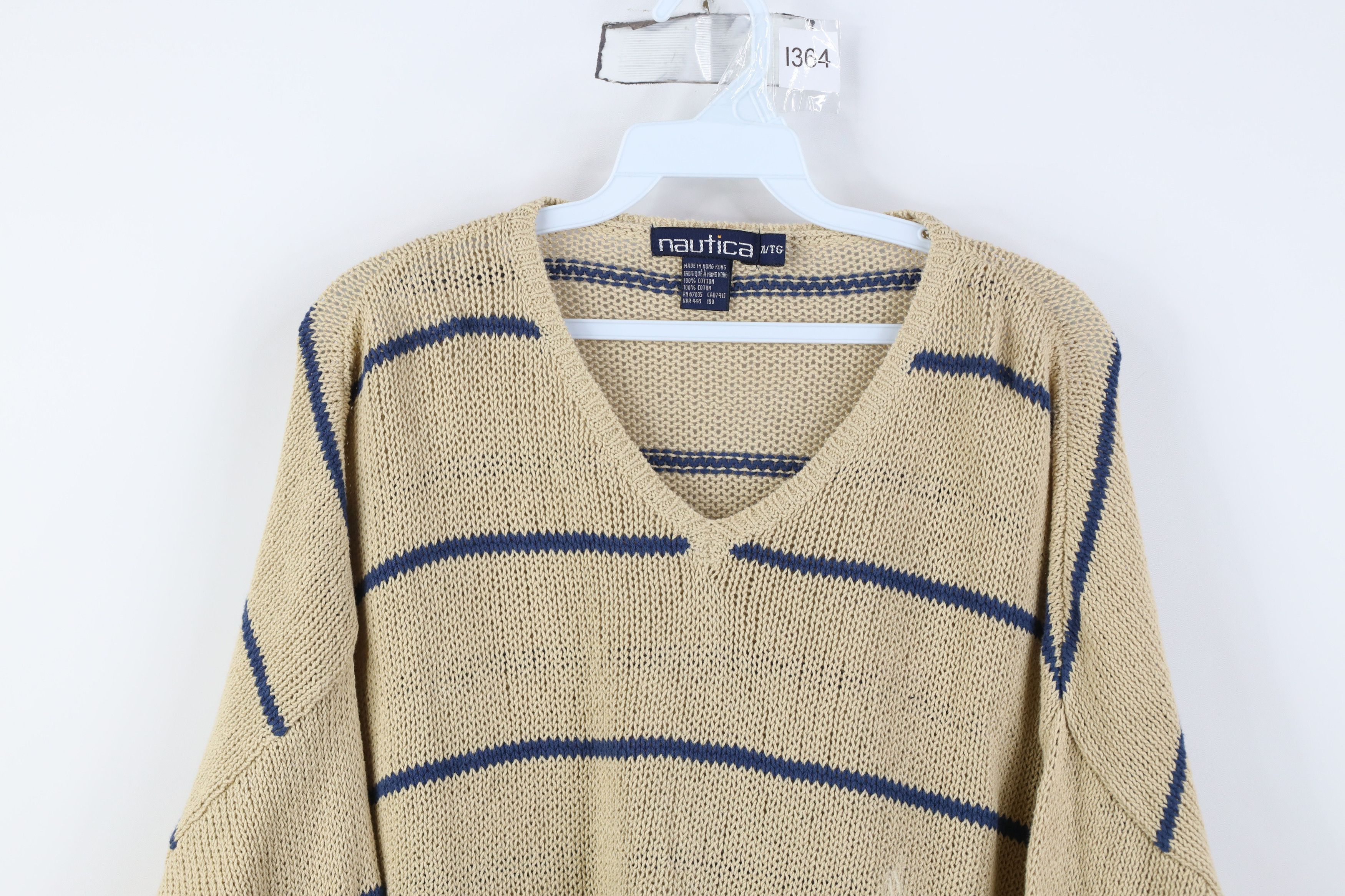 Vintage 90s Nautica Cotton Knit Striped V-Neck Sweater Beige