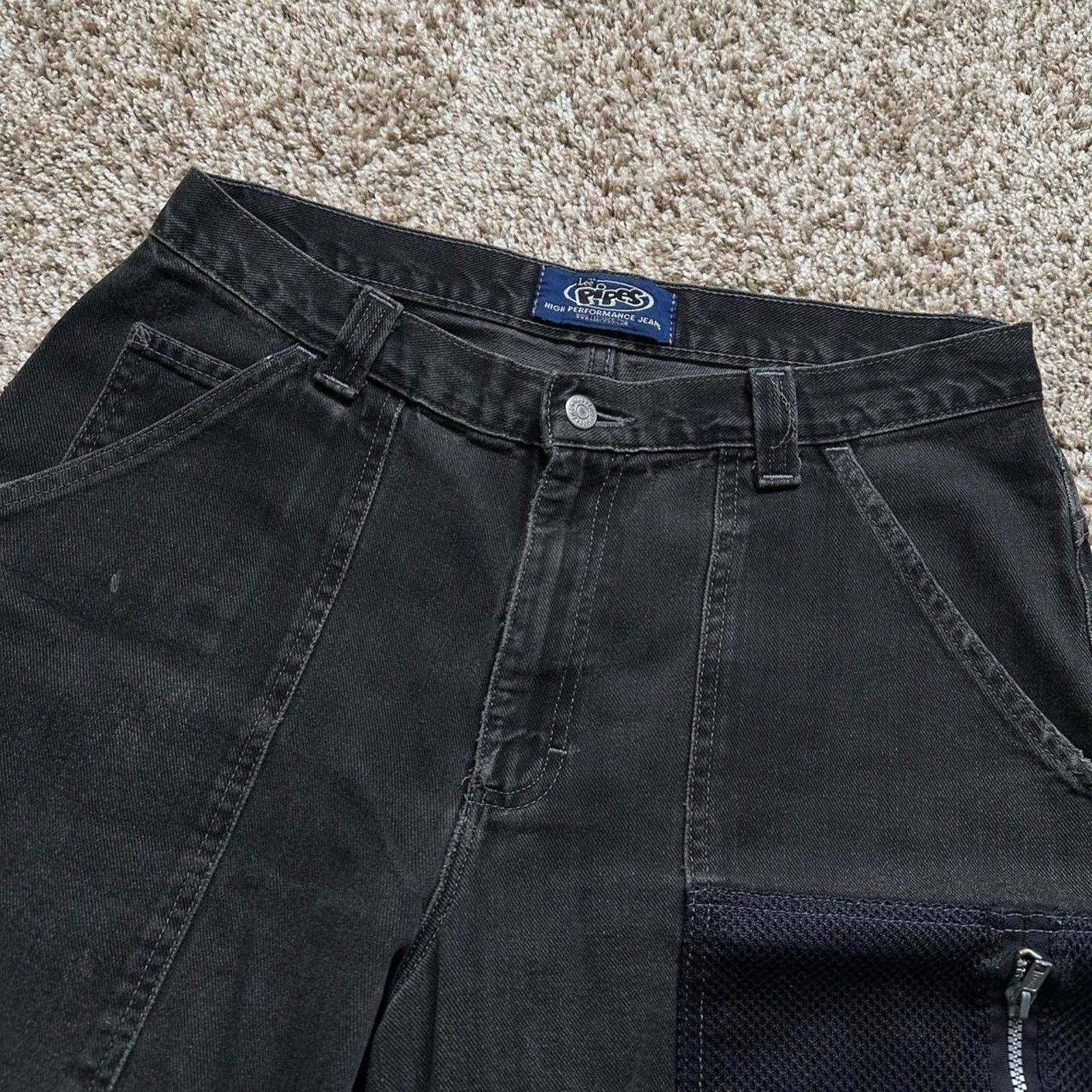 Vintage Thrashed Lee Pipes Black Denim Baggy Long Jean Short